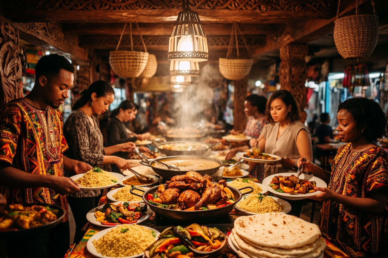 Diners at an African marketplace-style buffet with spiced dishes at Animal Kingdom