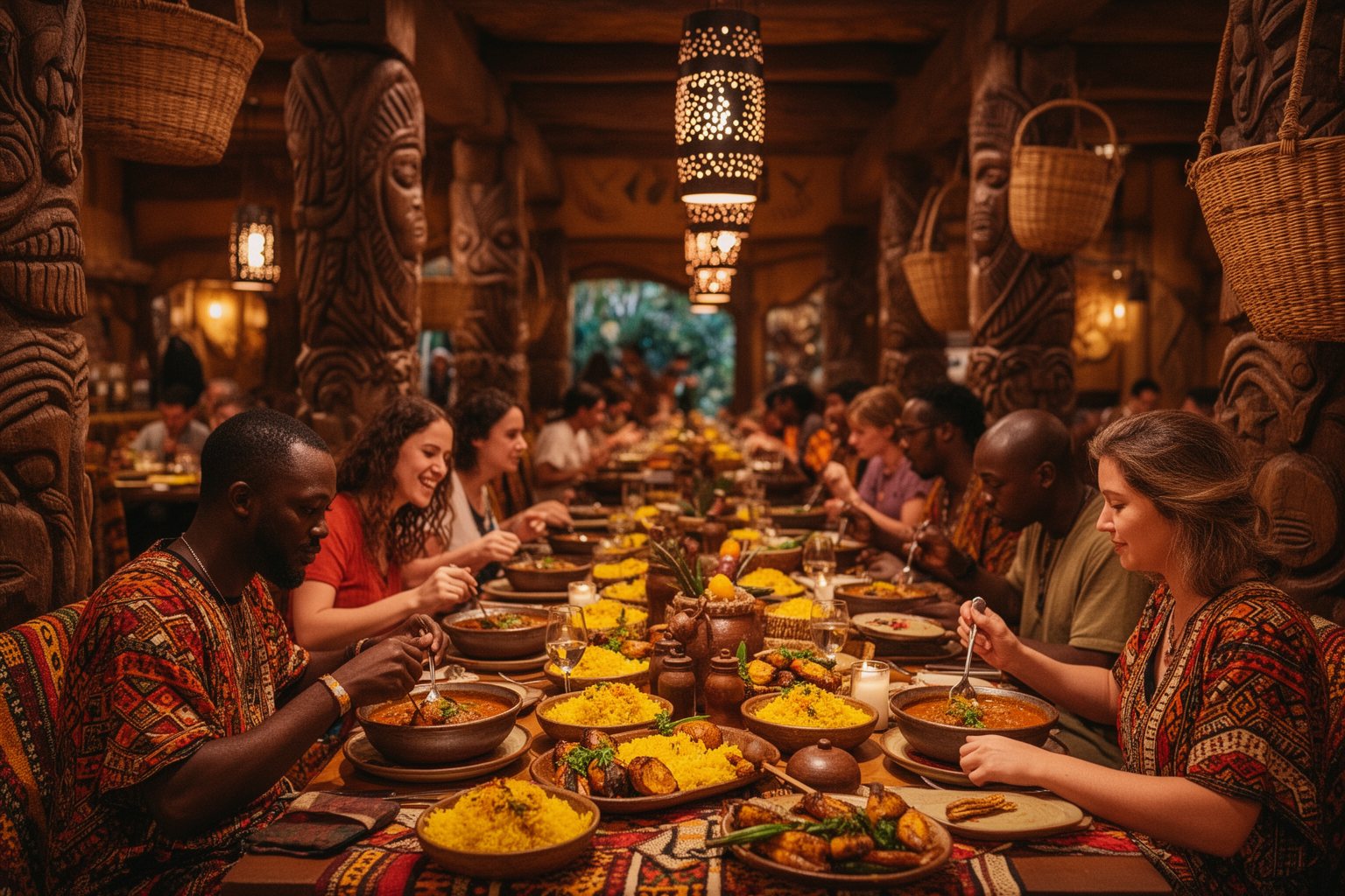 Busch Gardens Tampa Food: A Foodie's Guide to the Park Diners sharing stews and rice at an African-themed restaurant at Busch Gardens Tampa