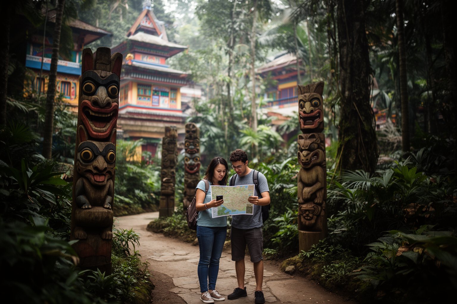 Couple checking a map at a fork in a jungle path inside Disney's Animal Kingdom