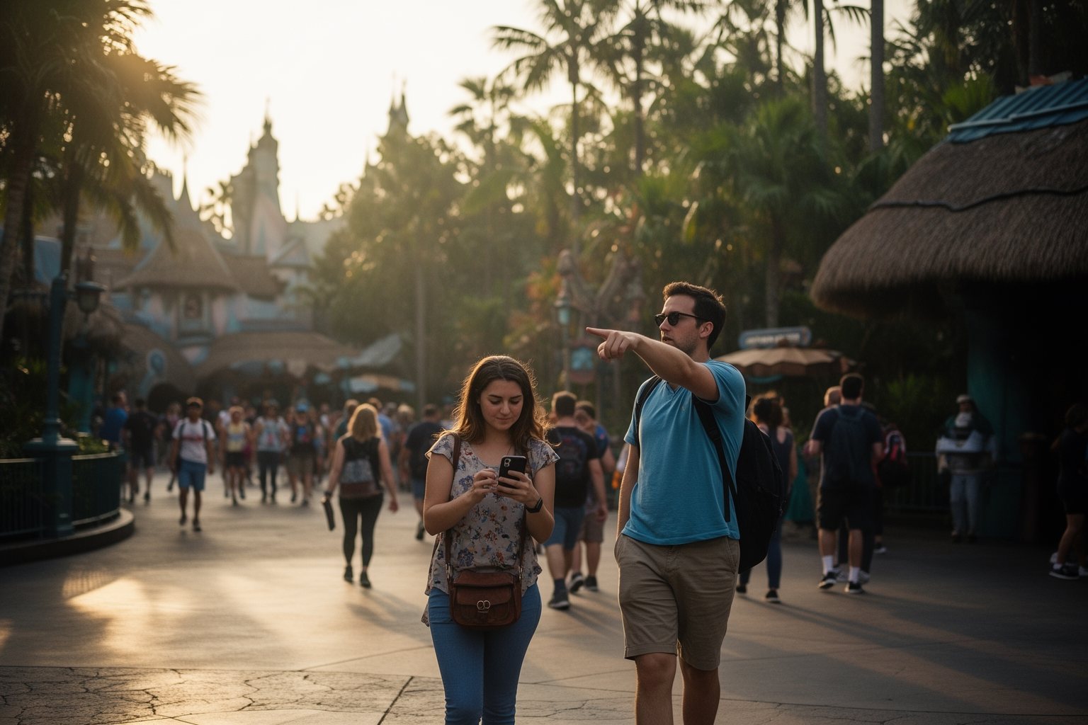 Visitors walking in at park opening to beat the lines at Animal Kingdom
