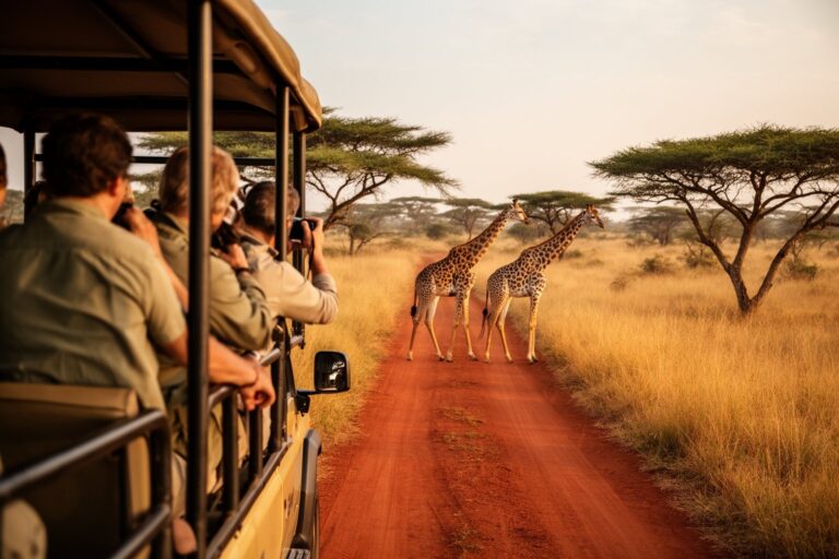 The Ultimate Animal Kingdom Itinerary: Maximize Your Visit Guests on an open safari truck watching giraffes cross the track at Animal Kingdom