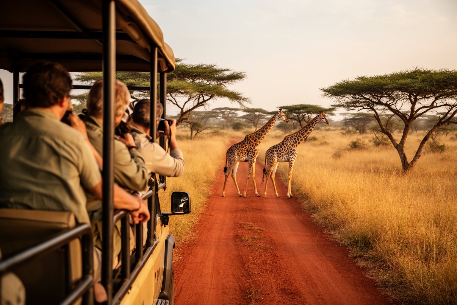 Guests on an open safari truck watching giraffes cross the track at Animal Kingdom