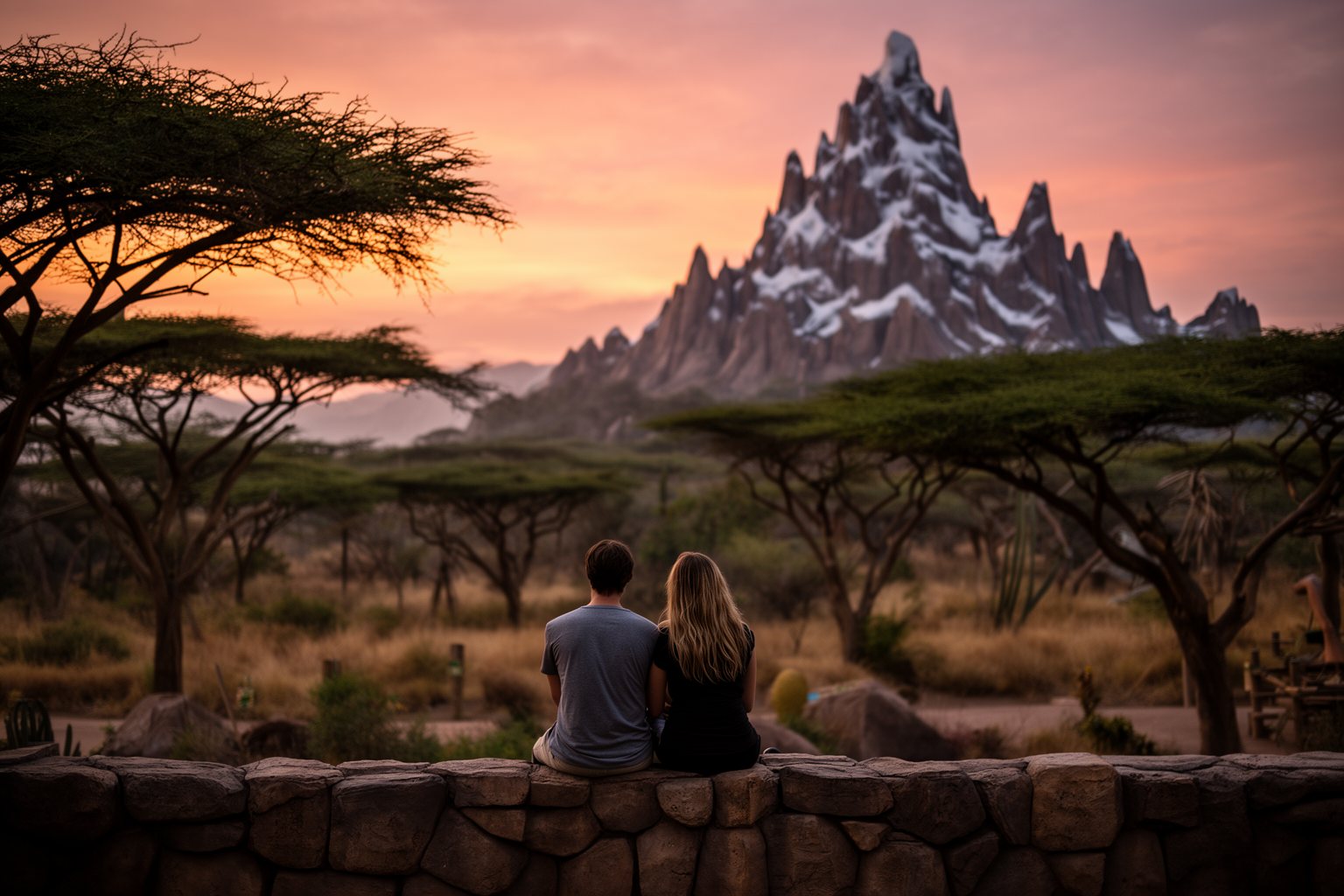 Couple watching the sunset over acacia trees and a mountain peak at Animal Kingdom
