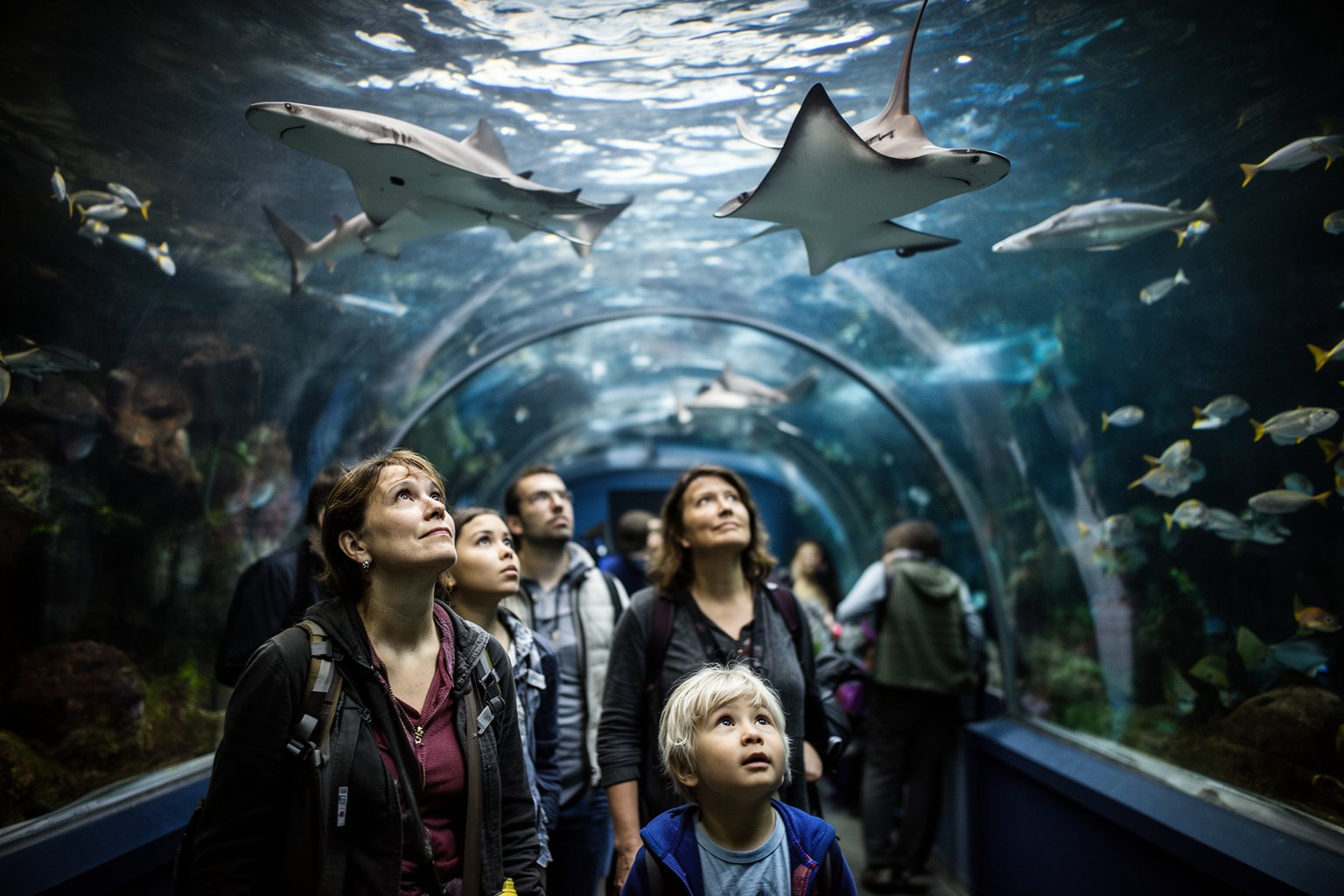 SeaWorld Family Guide: Surviving a Day at SeaWorld Orlando Visitors watching sharks and rays swim overhead in an aquarium tunnel at SeaWorld