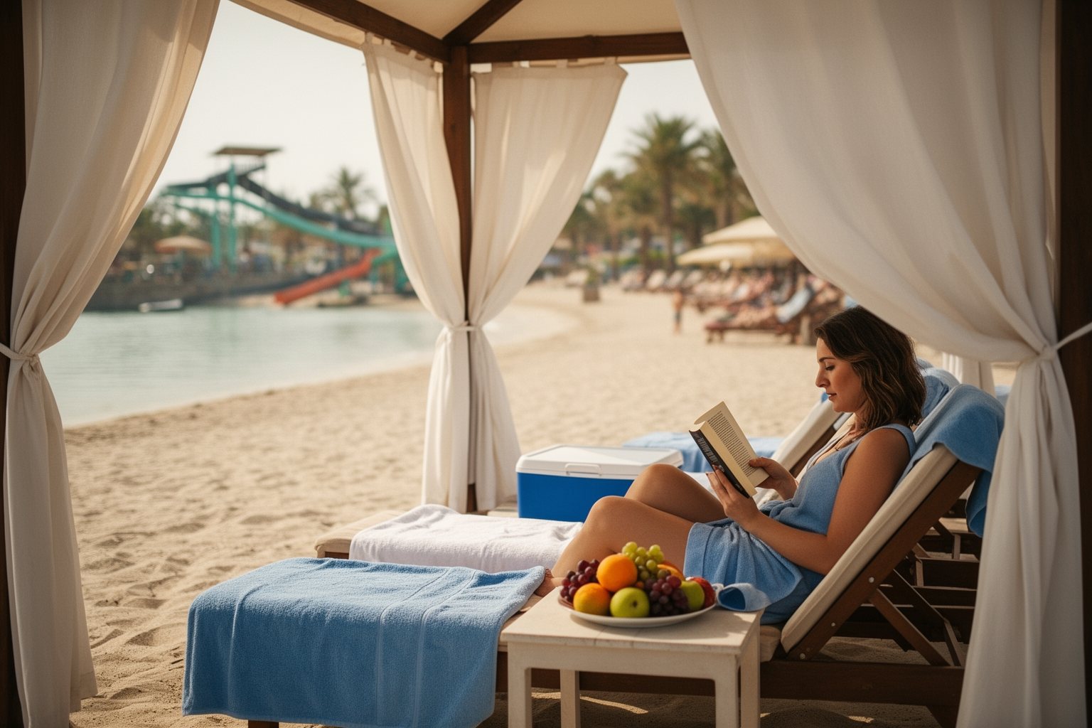 Shaded private cabana with loungers beside the sandy beach at Aquatica Orlando