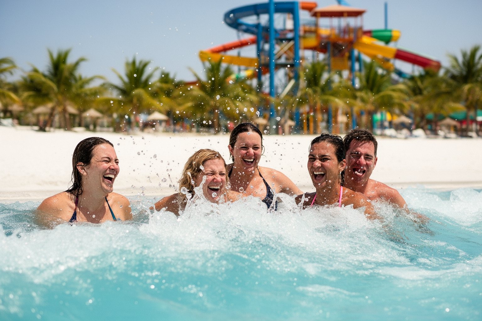 Friends splashing in the wave pool at Aquatica Orlando on a hot summer day