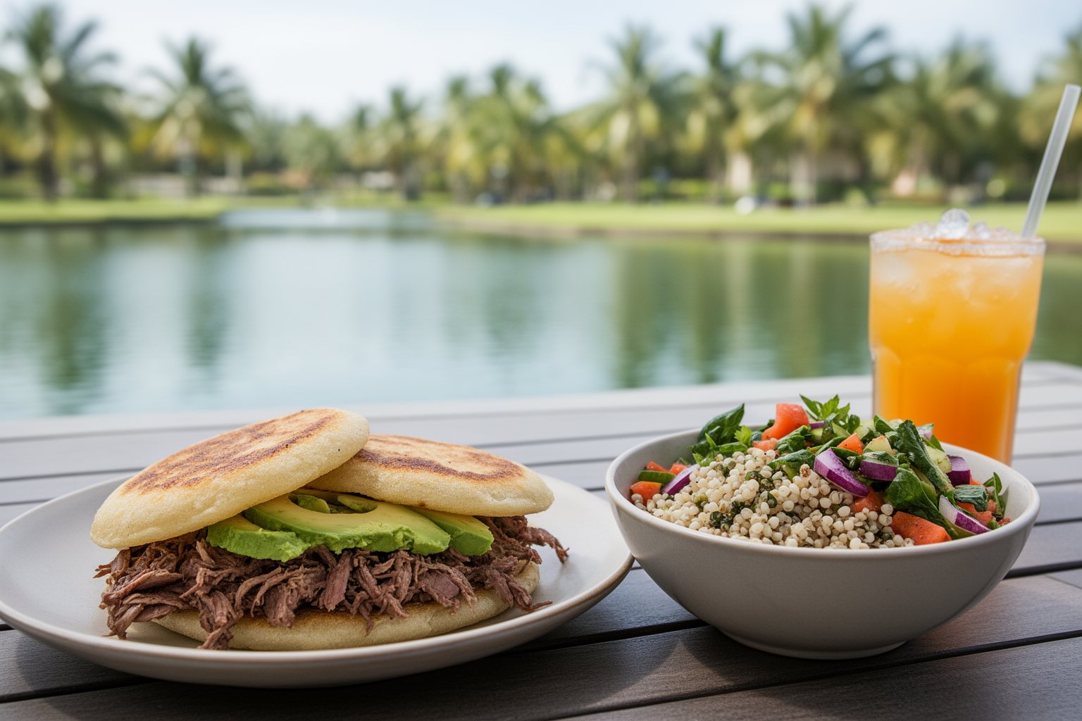 Sea World Orlando Restaurants: 10 Spots Worth Finding Arepas and a fresh salad bowl on a waterside patio at Waterway Grill