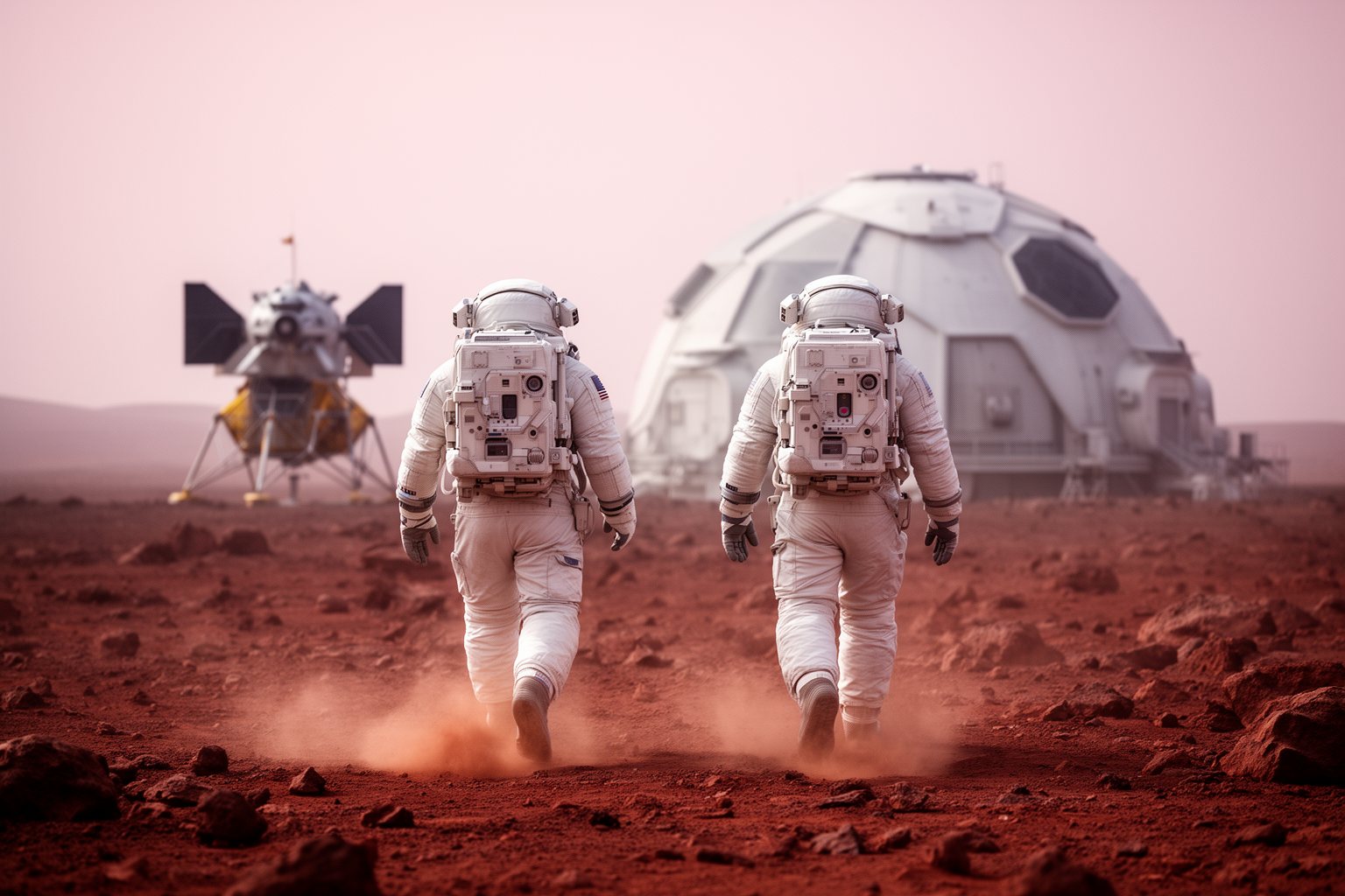 Two astronauts beside a domed habitat on a red Martian plain