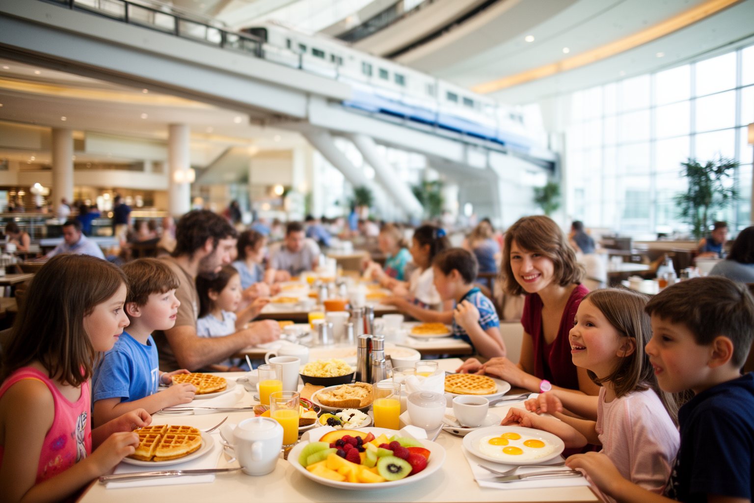 Families at a bright breakfast buffet at Chef Mickey's in the Contemporary Resort