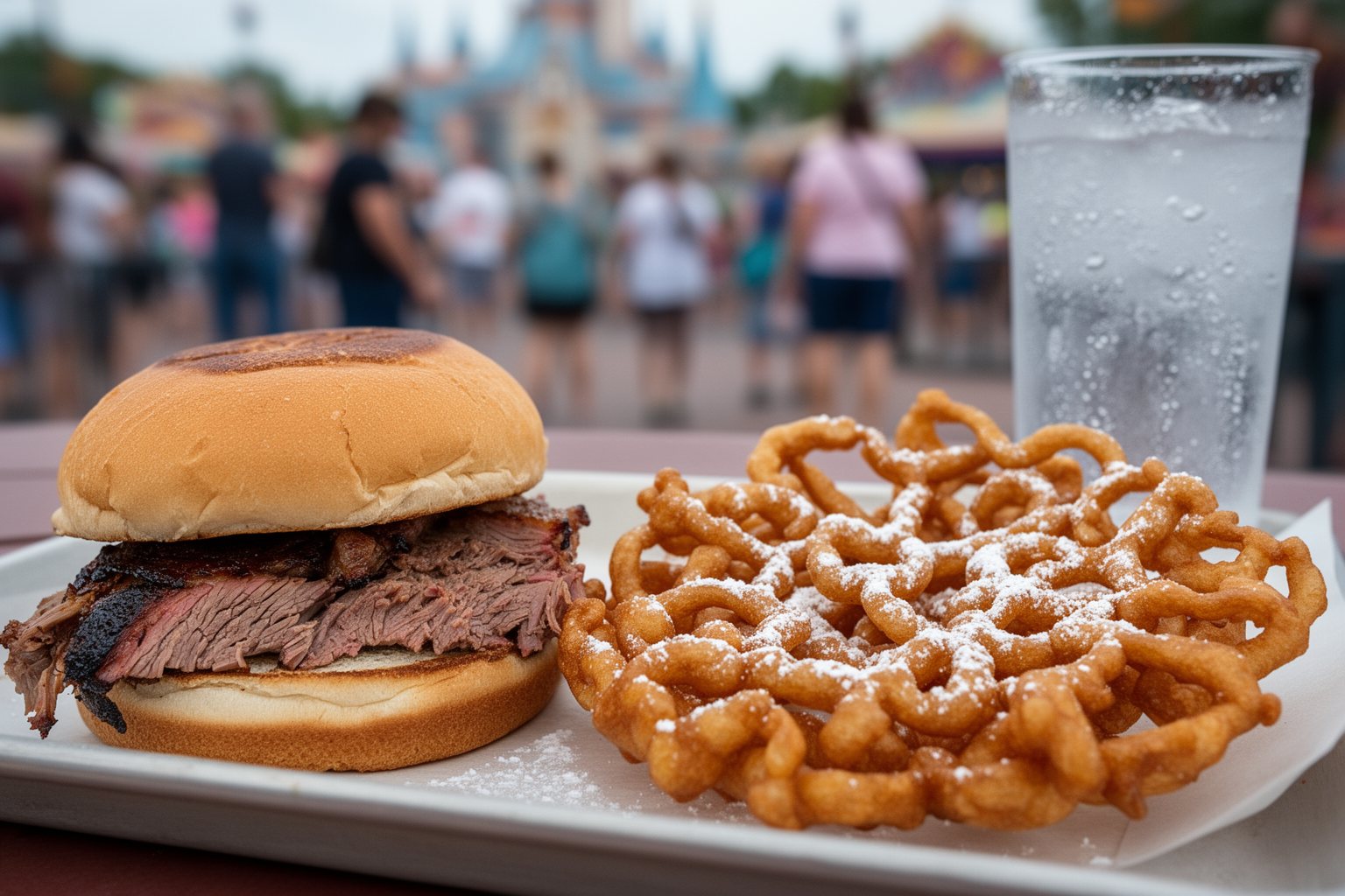 Busch Gardens Tampa Food: A Foodie's Guide to the Park Smoked brisket sandwich and a funnel cake on a tray at a Busch Gardens food stop