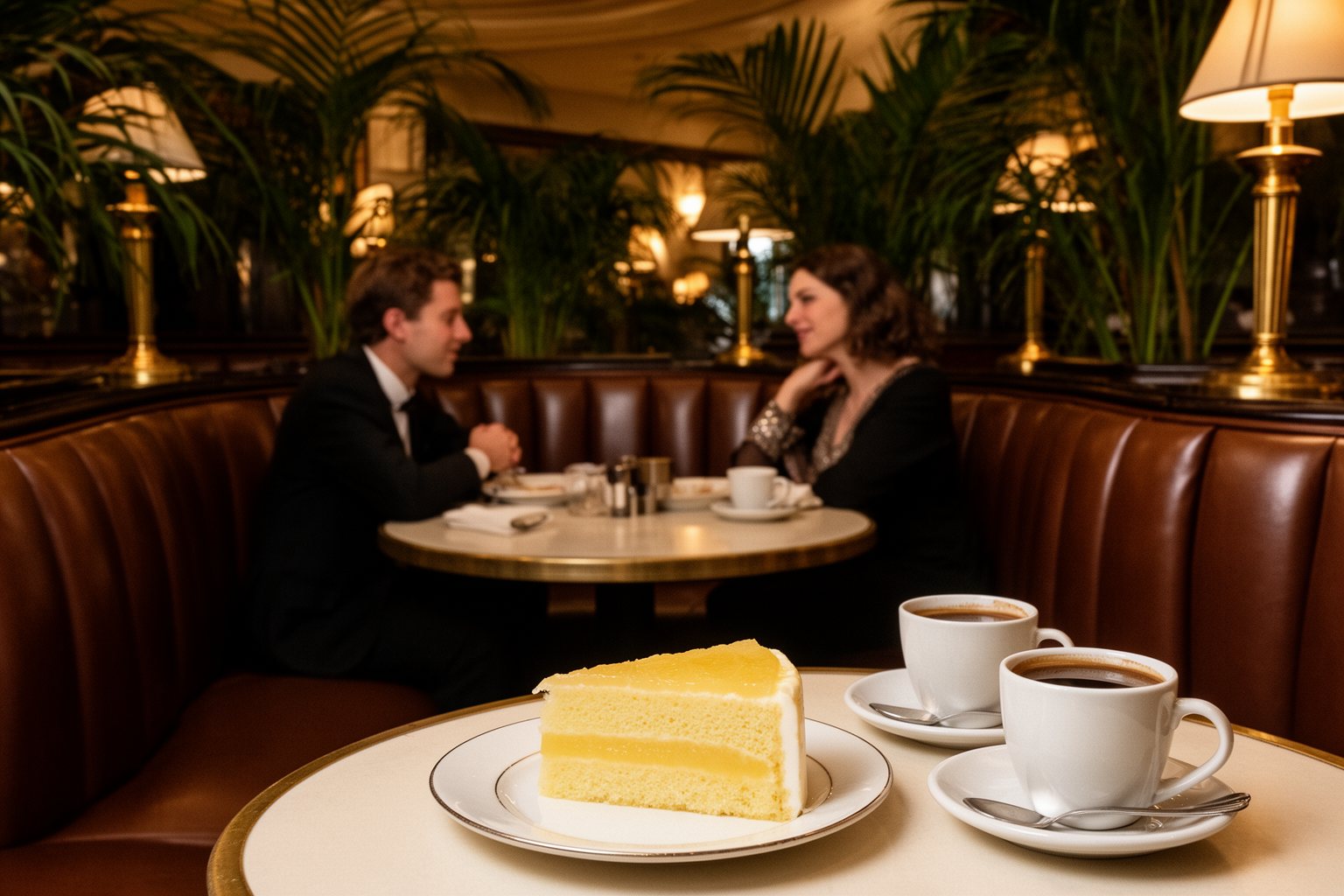 Grapefruit cake at a curved booth in The Hollywood Brown Derby's 1930s dining room