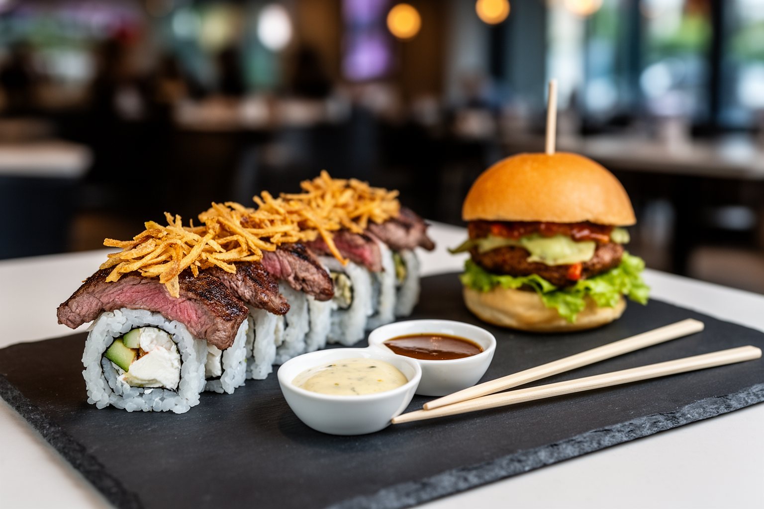 10 Must-Try Restaurants at Universal Studios Florida: Your Ultimate Guide Burger and sushi fusion plate at The Cowfish at Universal CityWalk