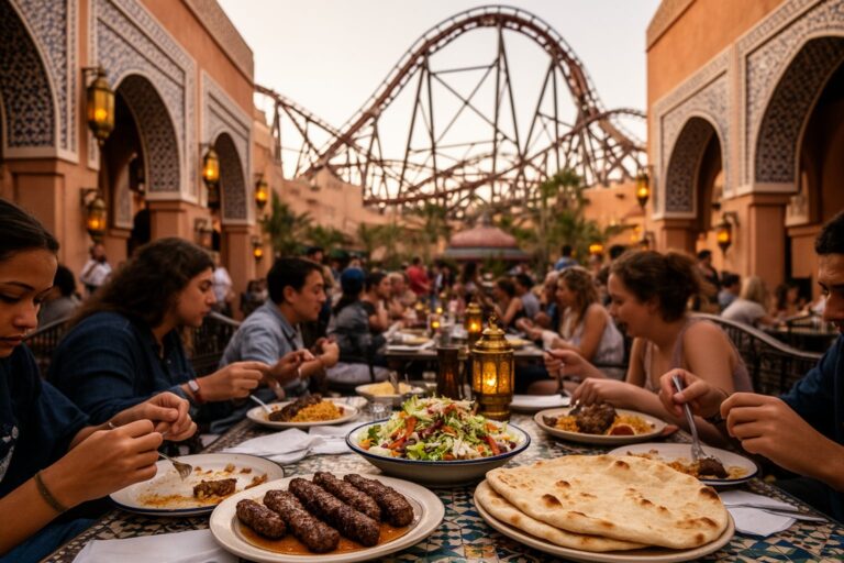 Busch Gardens Tampa Food: A Foodie's Guide to the Park Visitors eating kebabs in a Moroccan-style plaza beneath a coaster at Busch Gardens Tampa