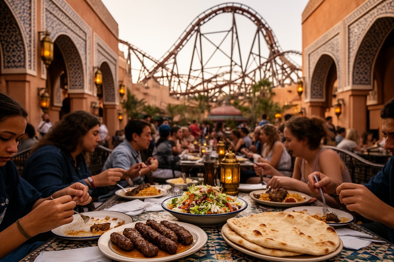Busch Gardens Tampa Food: A Foodie's Guide to the Park Visitors eating kebabs in a Moroccan-style plaza beneath a coaster at Busch Gardens Tampa
