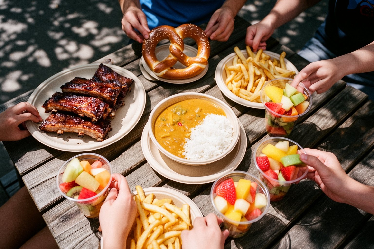 Busch Gardens Tampa Food: A Foodie's Guide to the Park Barbecue, curry, pretzels and fruit spread on a picnic table at Busch Gardens Tampa