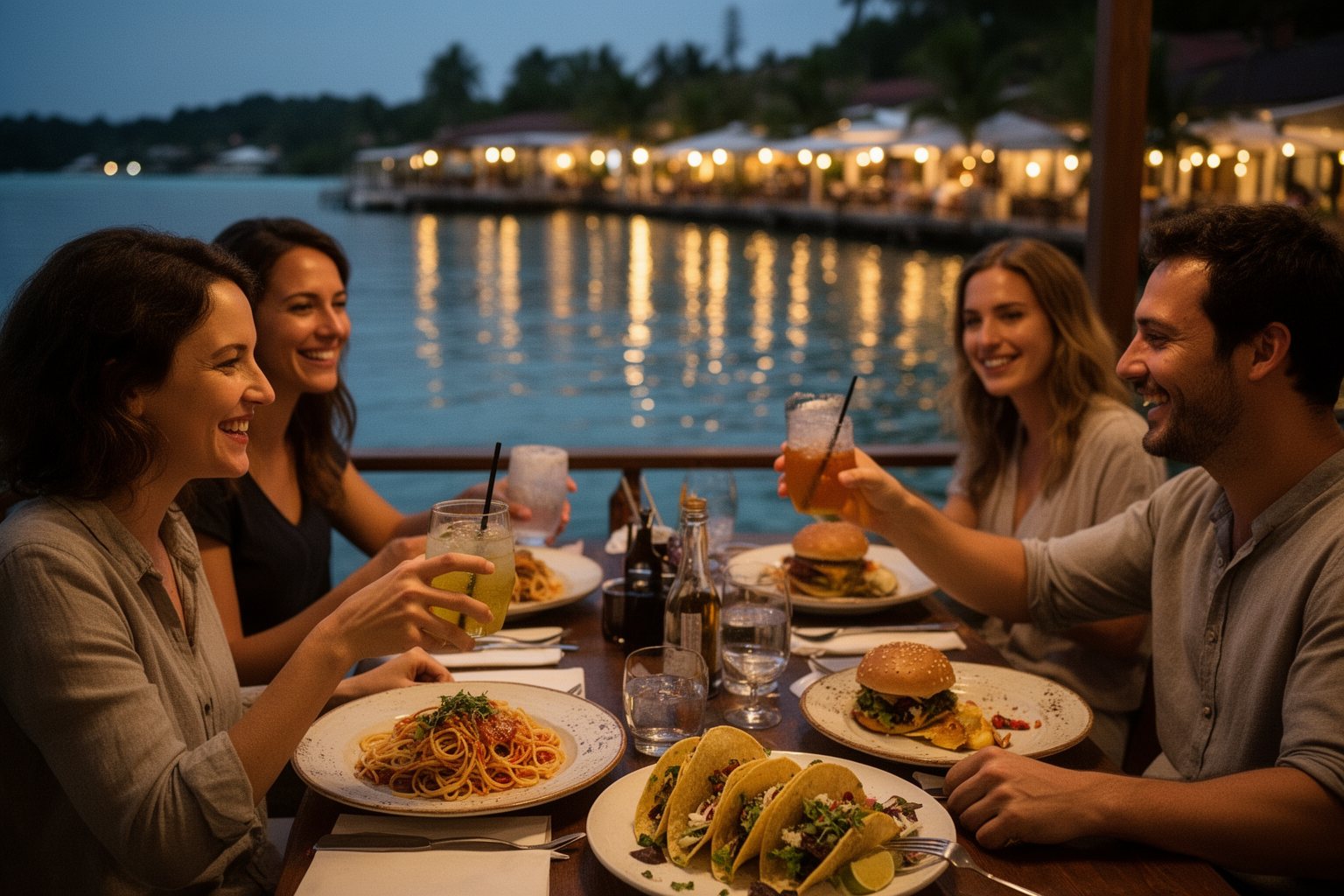10 Must-Try Restaurants at Universal Studios Florida: Your Ultimate Guide Friends dining on a lagoon-side terrace at Universal CityWalk at dusk