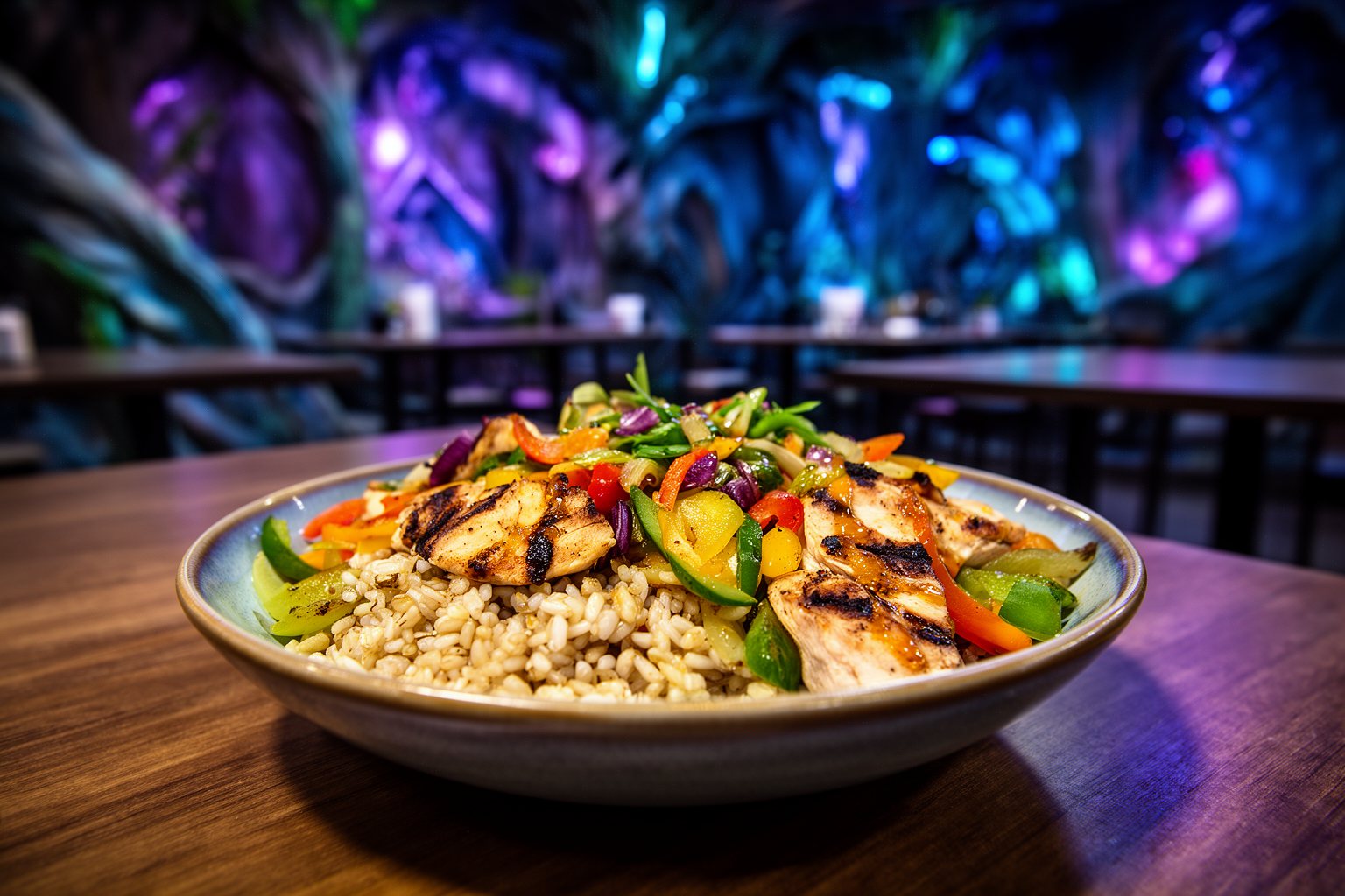 Colourful grain bowl with grilled chicken at Satu'li Canteen in Pandora