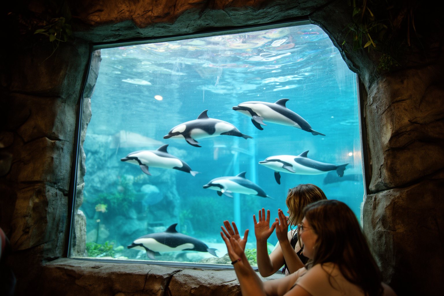 Black-and-white Commerson's dolphins swimming past a viewing window at Aquatica Orlando