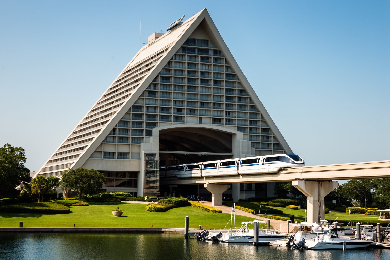 A-frame tower of Disney's Contemporary Resort with a monorail passing through