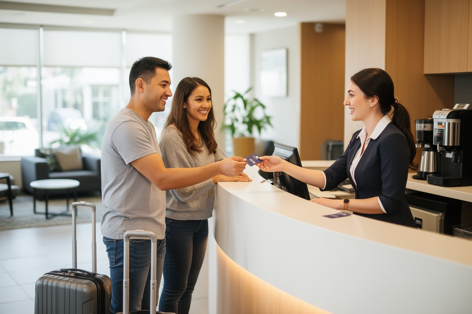 Couple checking in at a bright modern hotel lobby near SeaWorld