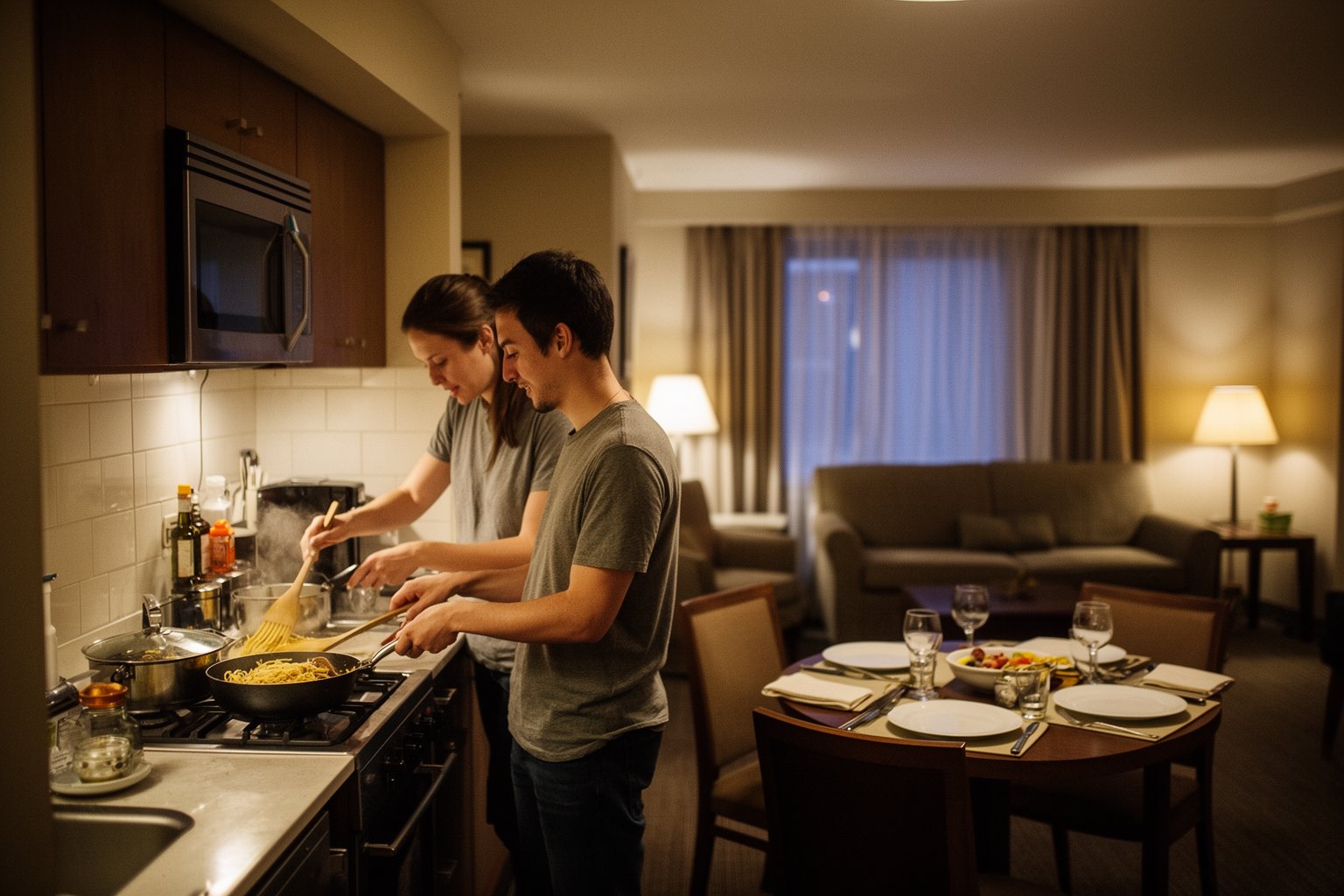 Couple cooking pasta in a suite kitchen at Homewood Suites Orlando Theme Parks