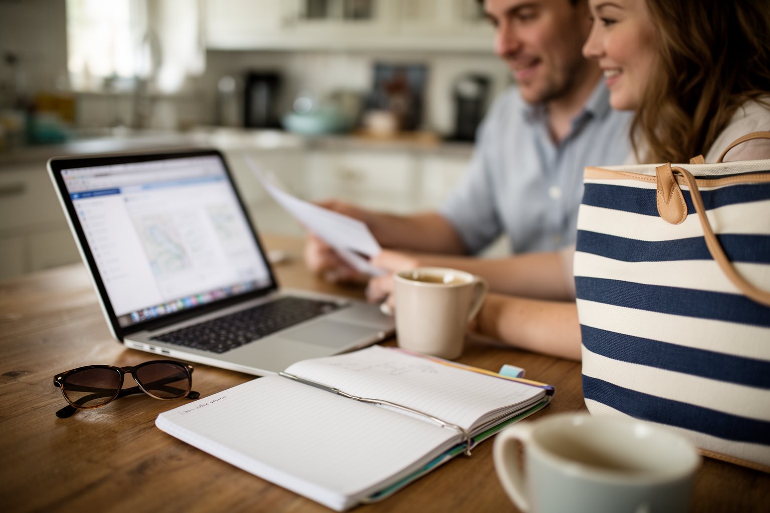 Couple planning an Aquatica Orlando visit at a kitchen table