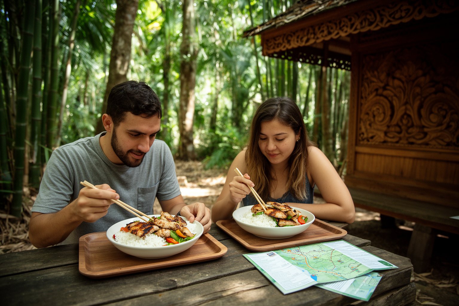 Budget-Friendly Eats at Disney World: A Park-by-Park Guide Couple eating budget-friendly rice bowls among the trees at Animal Kingdom