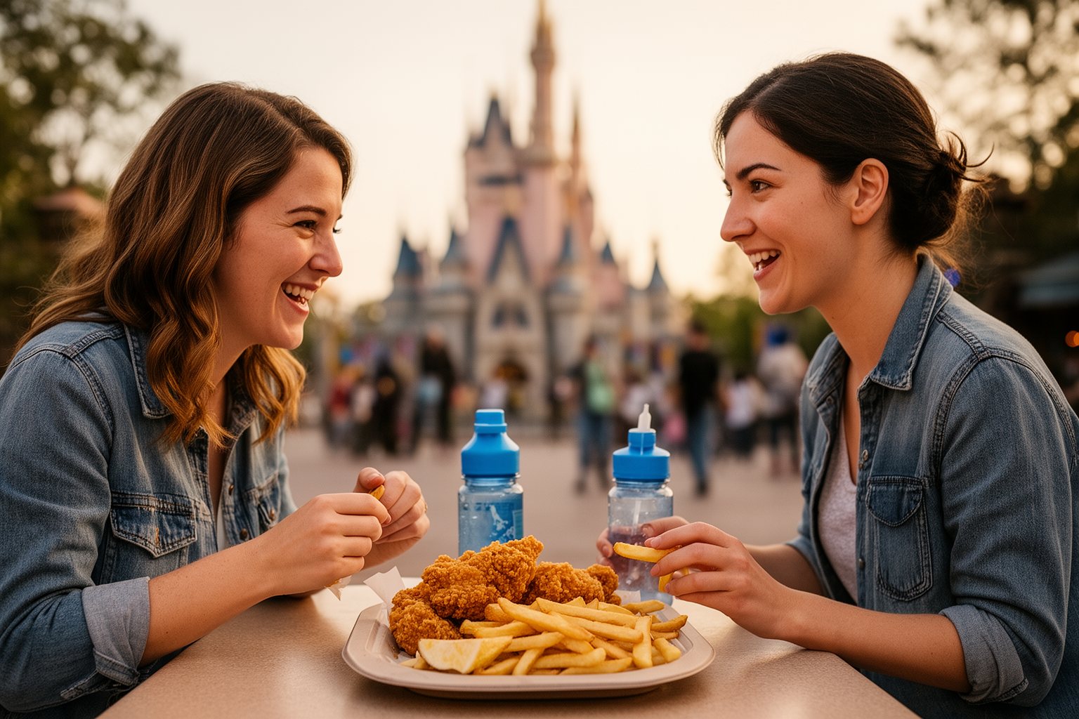 Budget-Friendly Eats at Disney World: A Park-by-Park Guide Couple sharing an inexpensive quick-service platter at Disney World with the castle behind