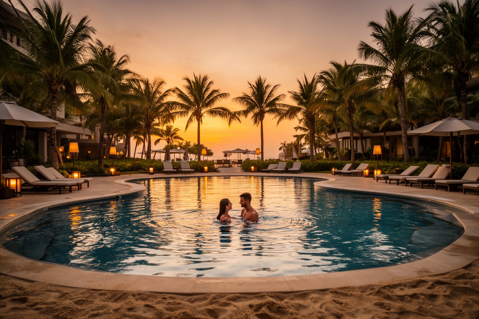 Couple swimming in a sand-edged resort pool at a Disney deluxe hotel at sunset