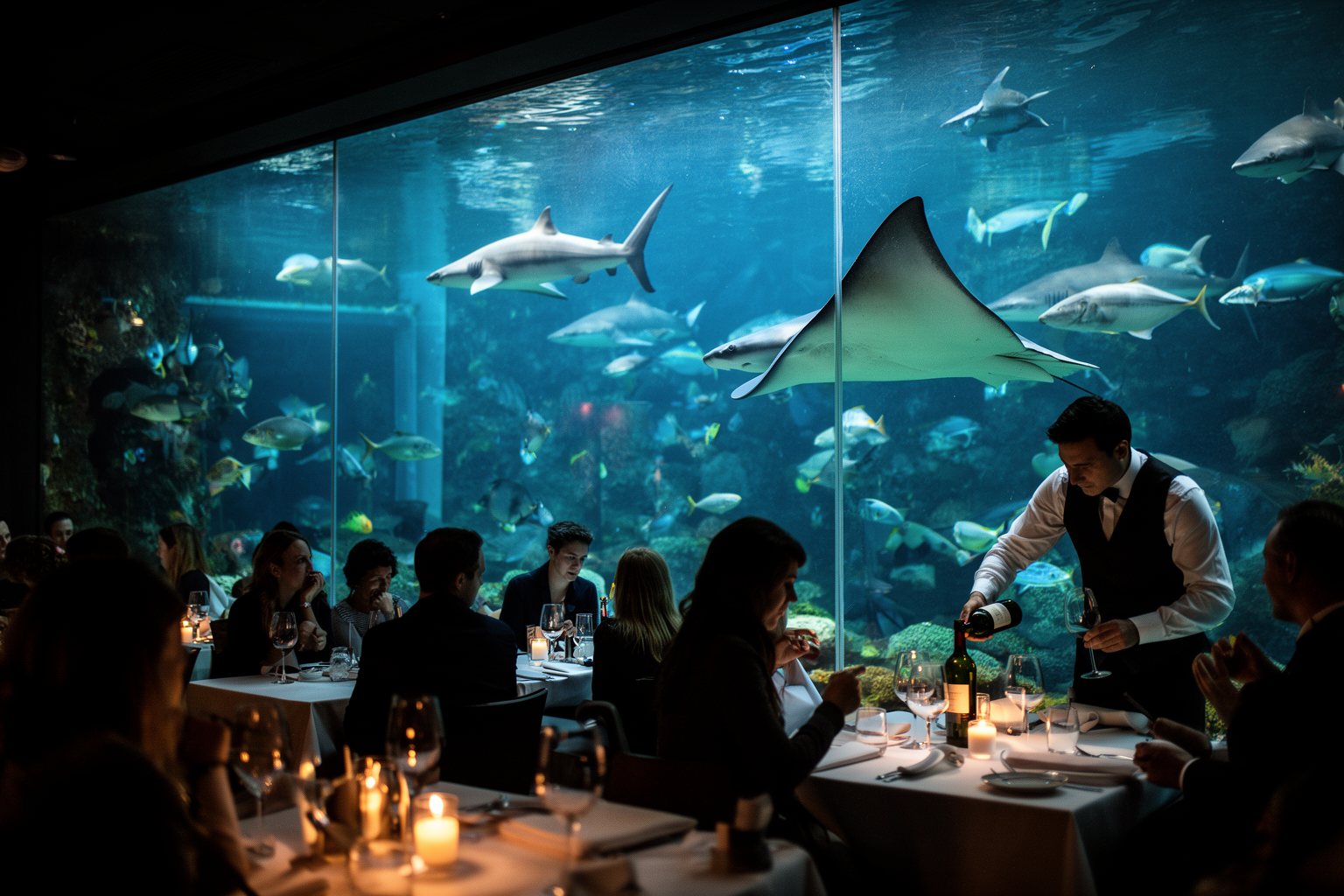 Sea World Orlando Restaurants: 10 Spots Worth Finding Diners beside a floor-to-ceiling shark aquarium at Sharks Underwater Grill