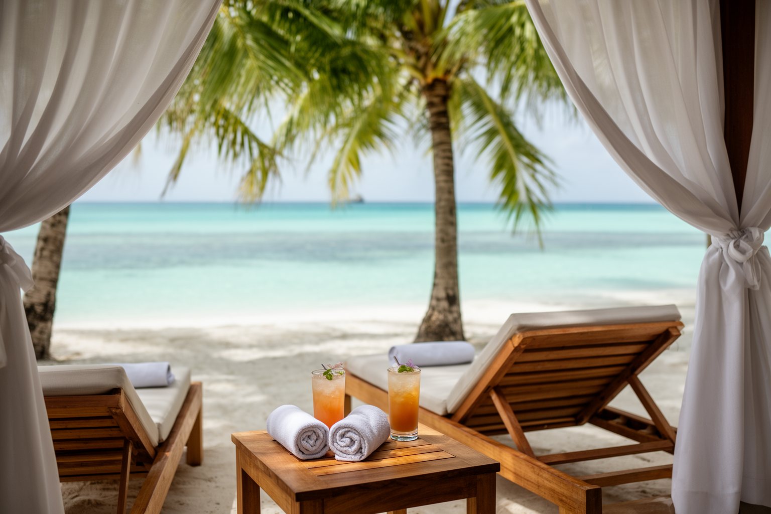Discovery Cove Orlando: Inside the Serenity Bay Oasis Private beachside cabana with teak loungers under palms at Discovery Cove