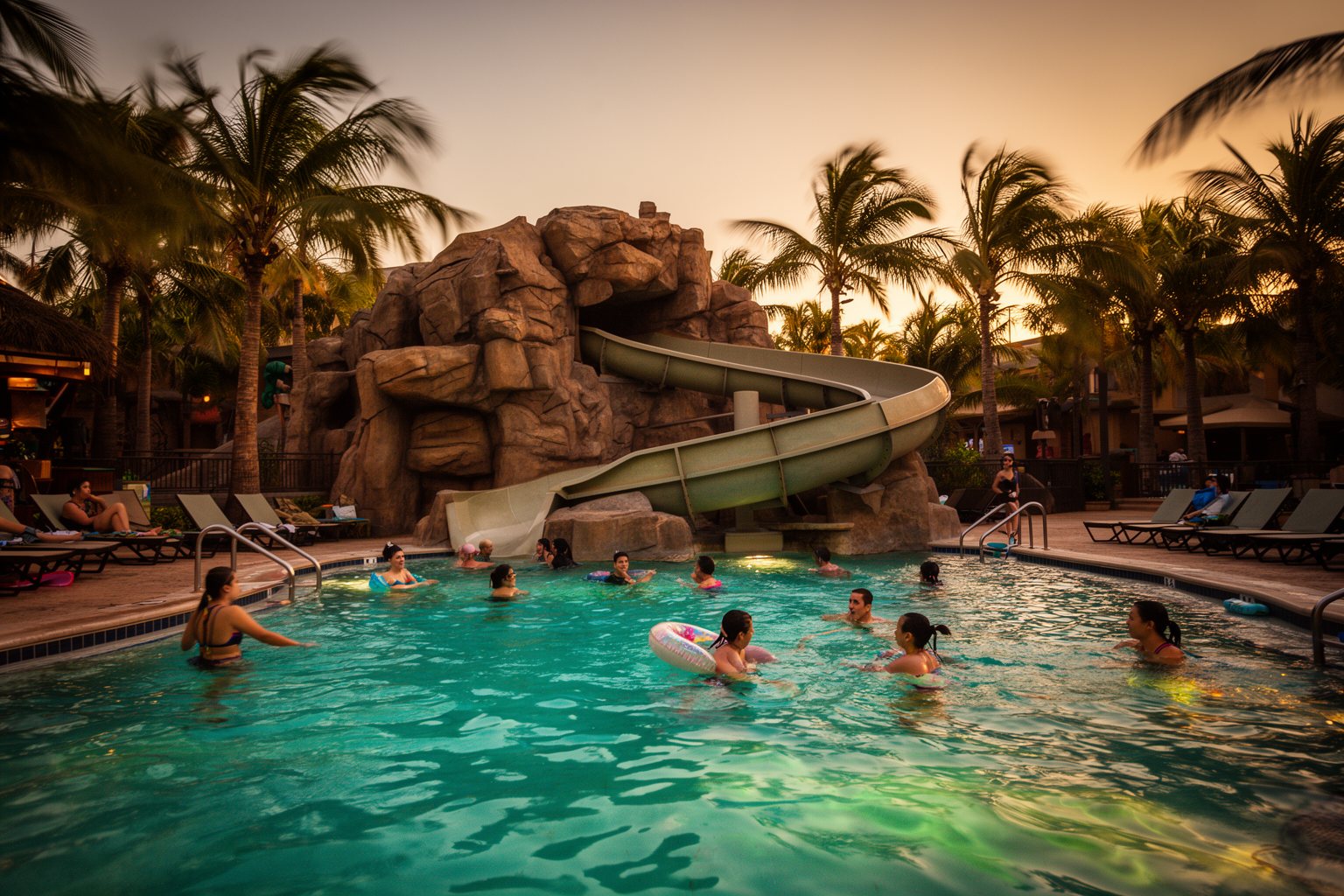 Discover the Magic: Top 10 Disney World Orlando Hotels You Must Visit! Guests swimming in a themed Disney World resort pool with a waterslide at dusk