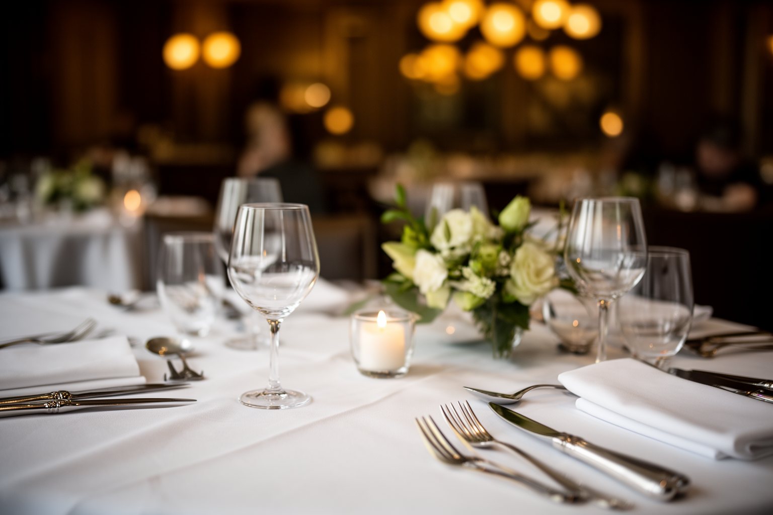 Elegantly set dinner table with candle and flowers at a Disney World restaurant