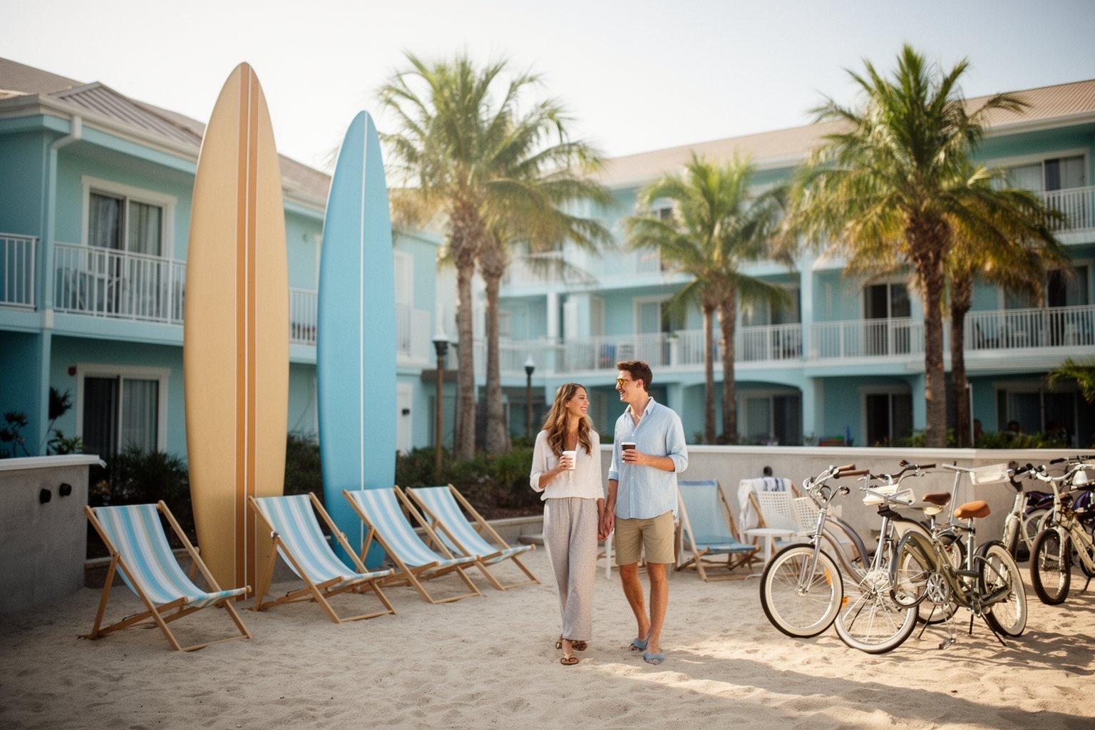 Universal Studios Florida Hotels: Hidden Gems Compared Beach-themed courtyard with surfboard sculptures at Universal's Endless Summer Resort
