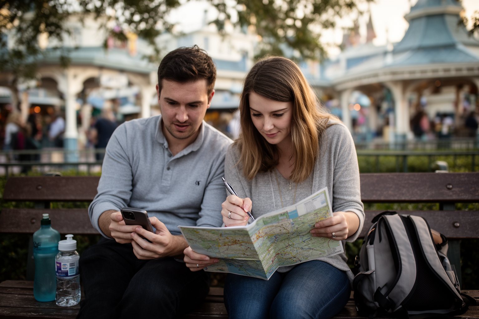 Epcot Orlando Guide: World Showcase, Rides and Festivals Couple planning their Epcot day on a shaded bench with a paper map and a phone