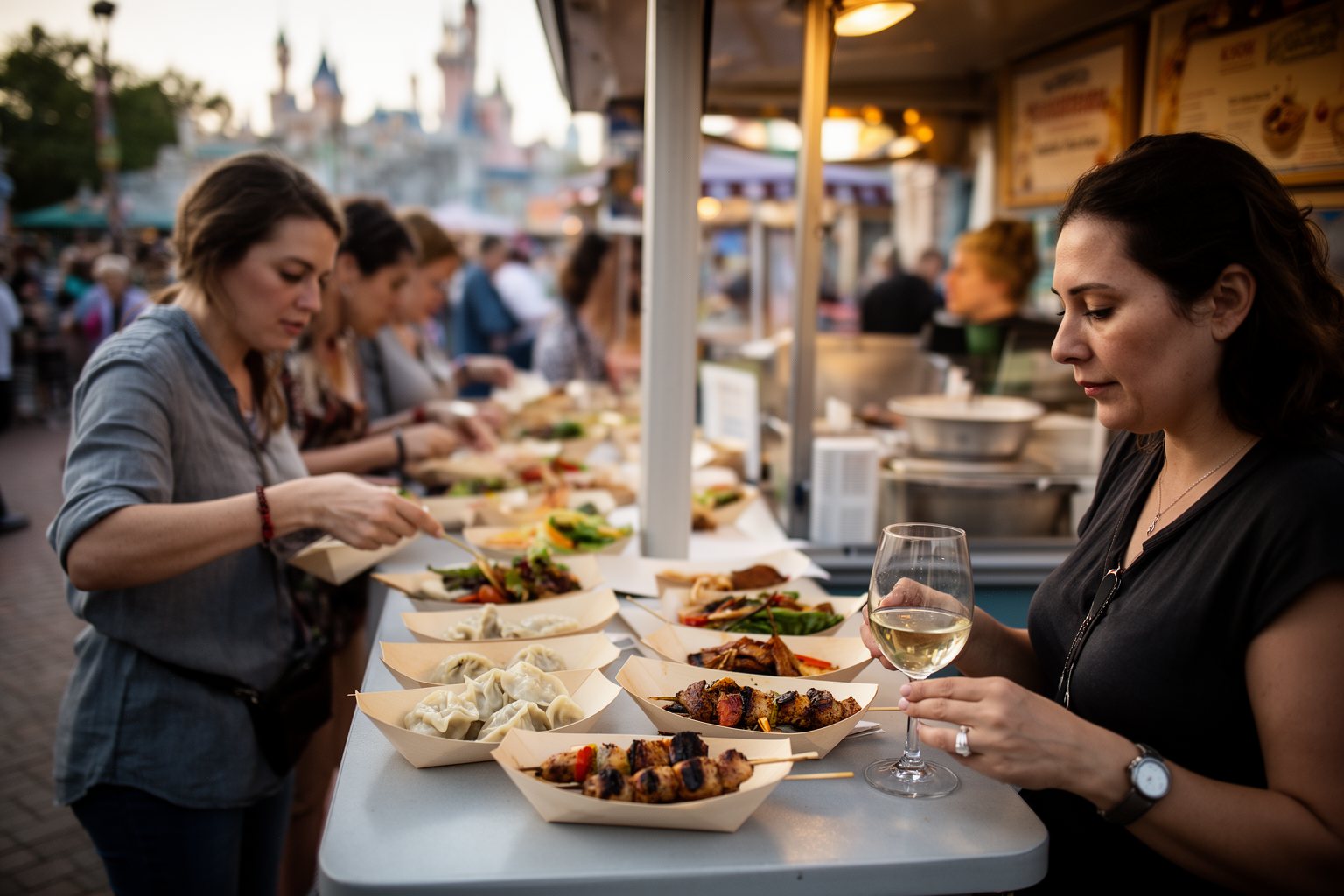Epcot Orlando Guide: World Showcase, Rides and Festivals Visitors sampling international small plates from a festival food booth at Epcot