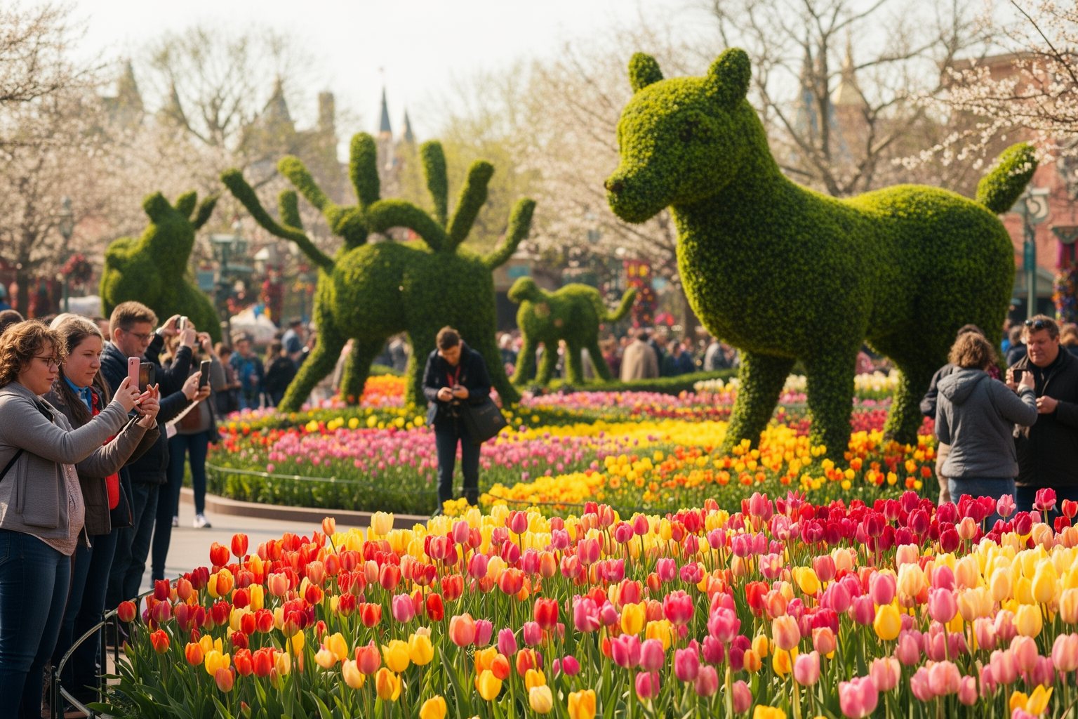 Epcot Orlando Guide: World Showcase, Rides and Festivals Visitors photographing animal topiaries and spring flower beds during a festival at Epcot