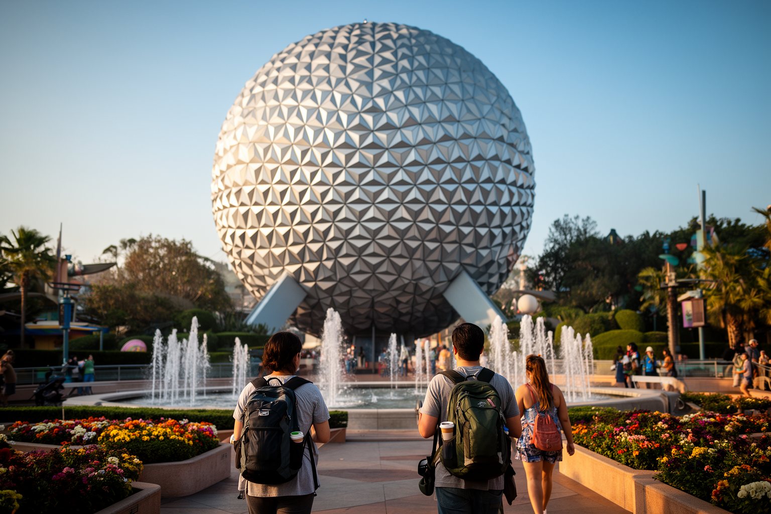 Epcot Orlando Guide: World Showcase, Rides and Festivals Visitors walking toward the silver geodesic sphere of Spaceship Earth at Epcot in the morning
