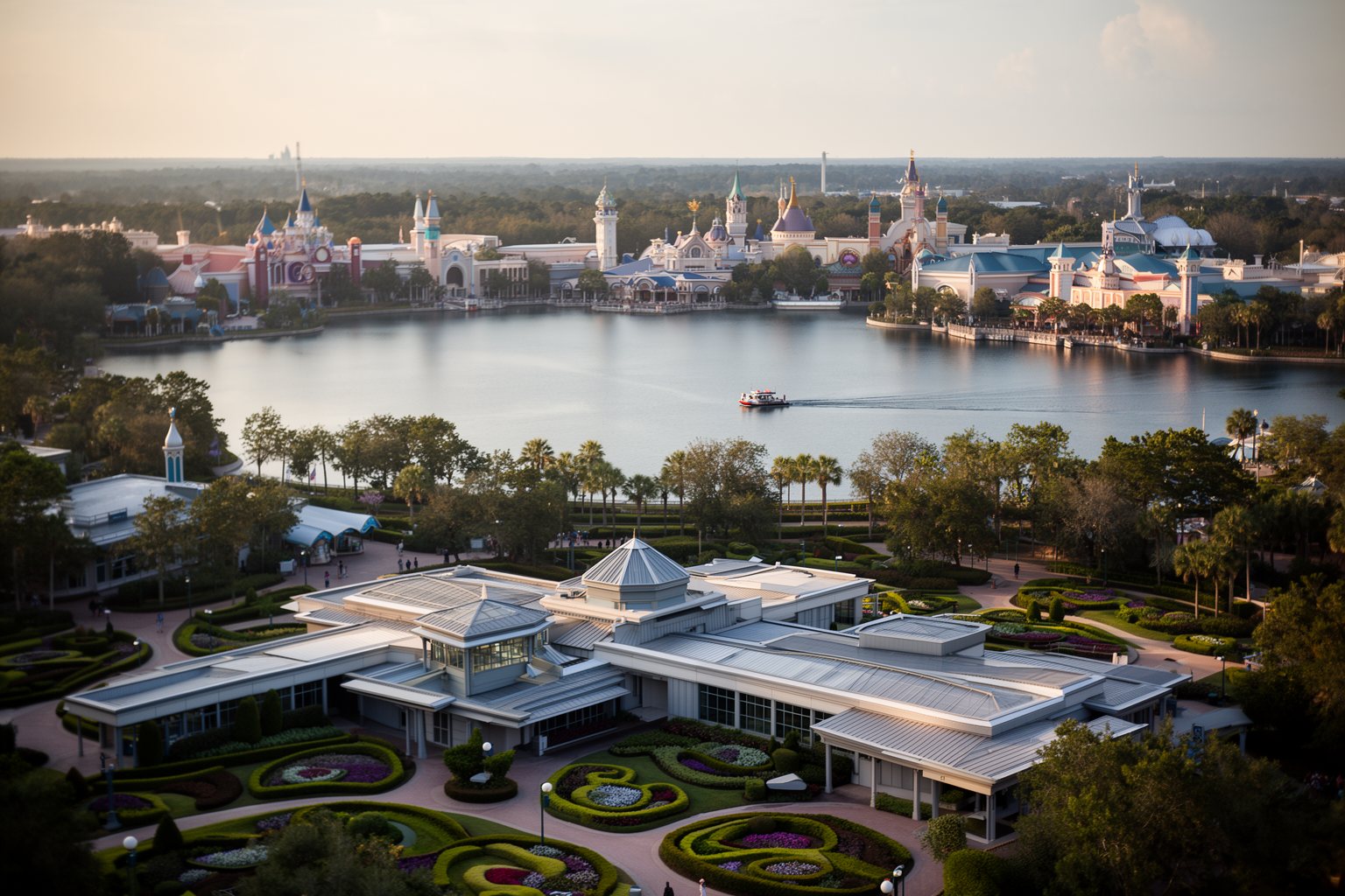 Epcot Orlando Guide: World Showcase, Rides and Festivals Modern pavilions in front and the World Showcase lagoon beyond at Epcot, seen from above