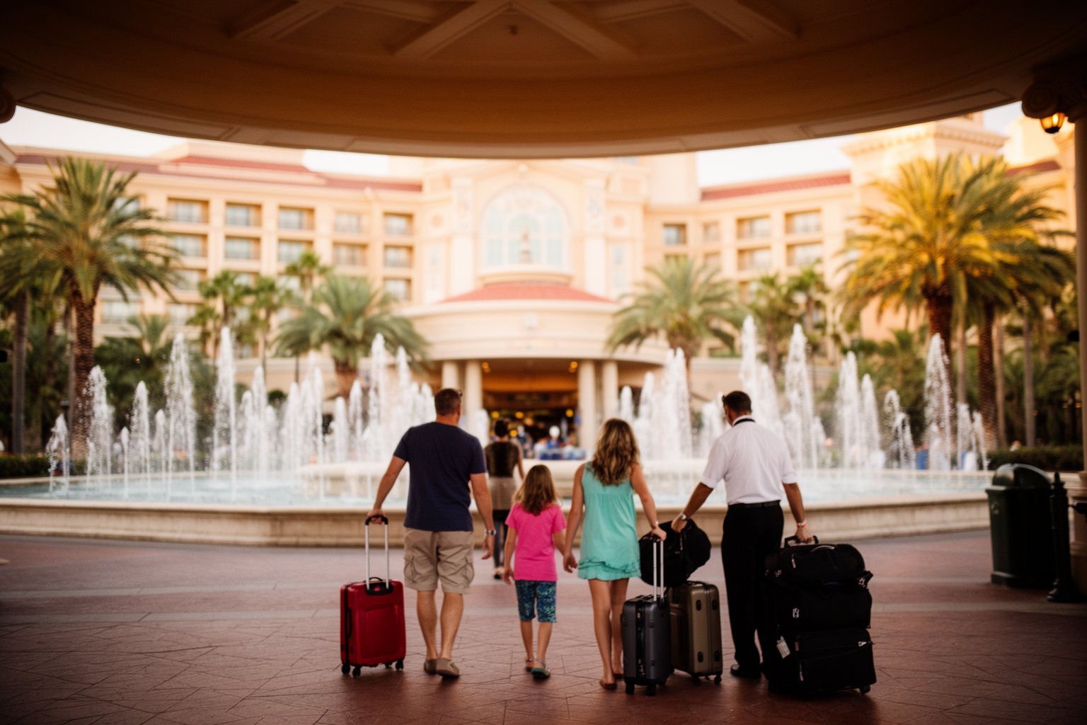 Discover the Magic: Top 10 Disney World Orlando Hotels You Must Visit! Family arriving with luggage at the entrance of a Disney World resort hotel