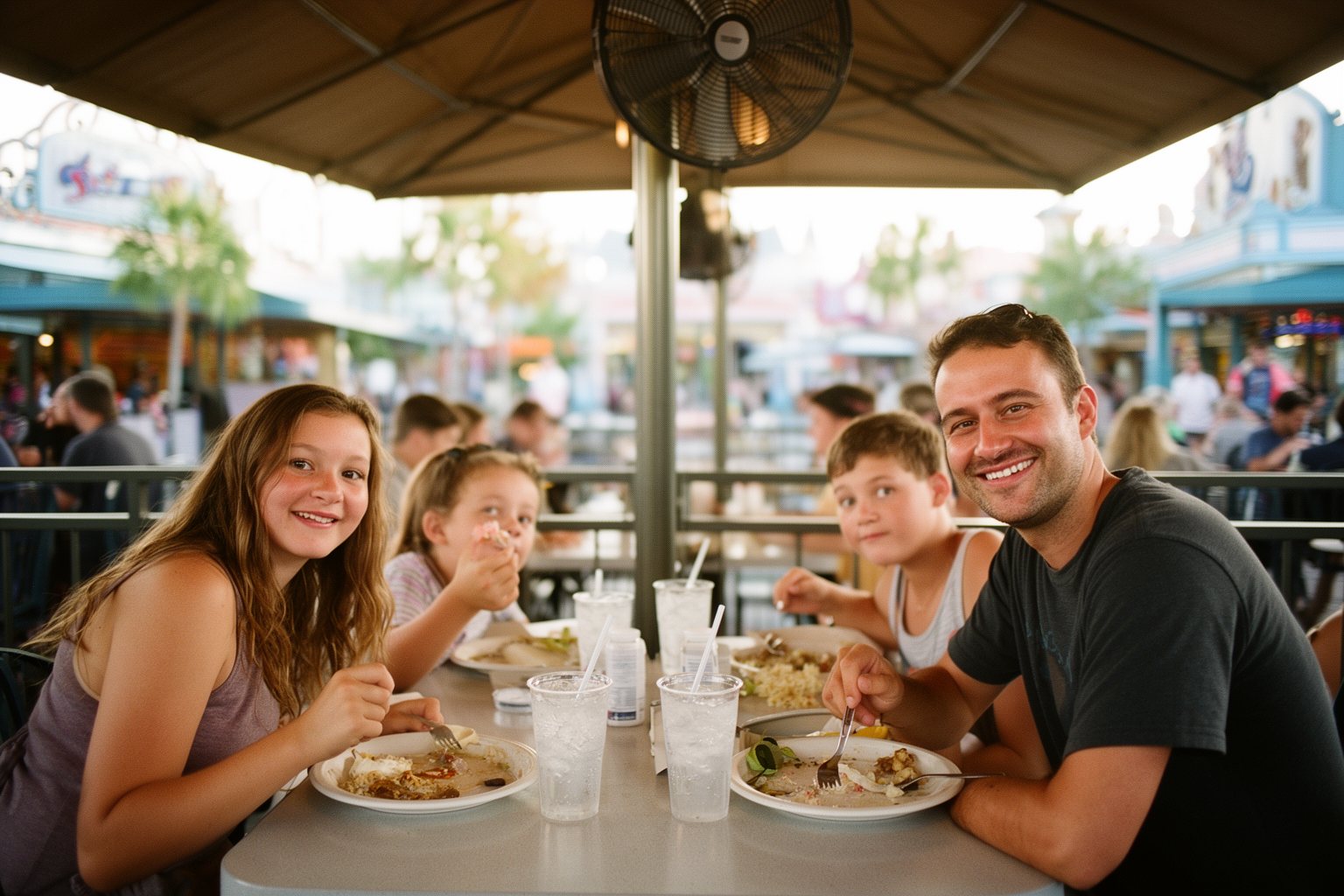 Budget-Friendly Eats at Disney World: A Park-by-Park Guide Family finishing an inexpensive lunch with cups of iced water at Disney World