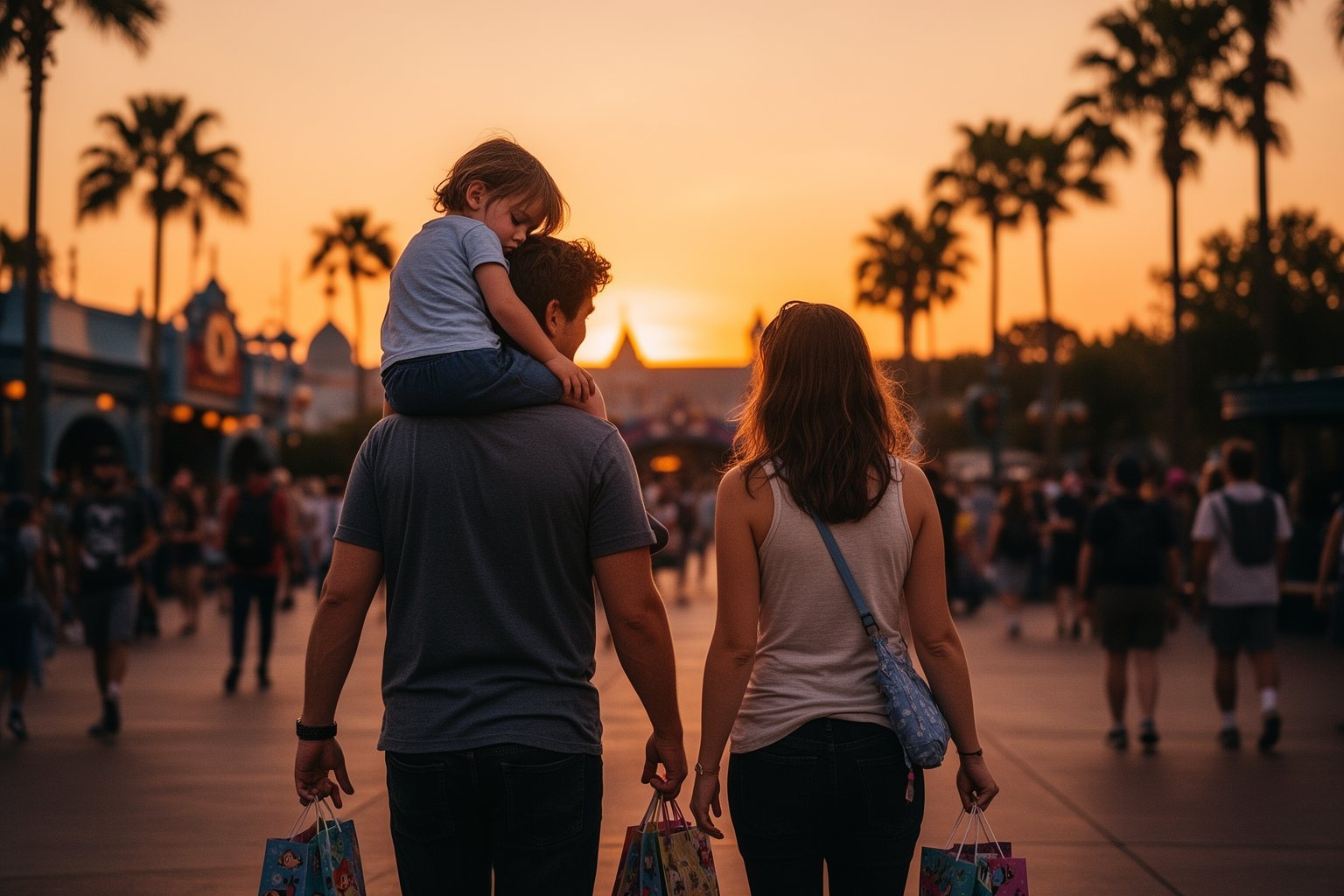 Legoland Florida vs Disney World vs Universal Studios Family leaving a Florida theme park at sunset after a full day
