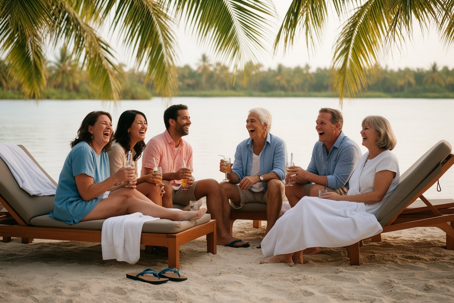 Discovery Cove Orlando: Inside the Serenity Bay Oasis Adult family laughing together on beach loungers under palms at Discovery Cove