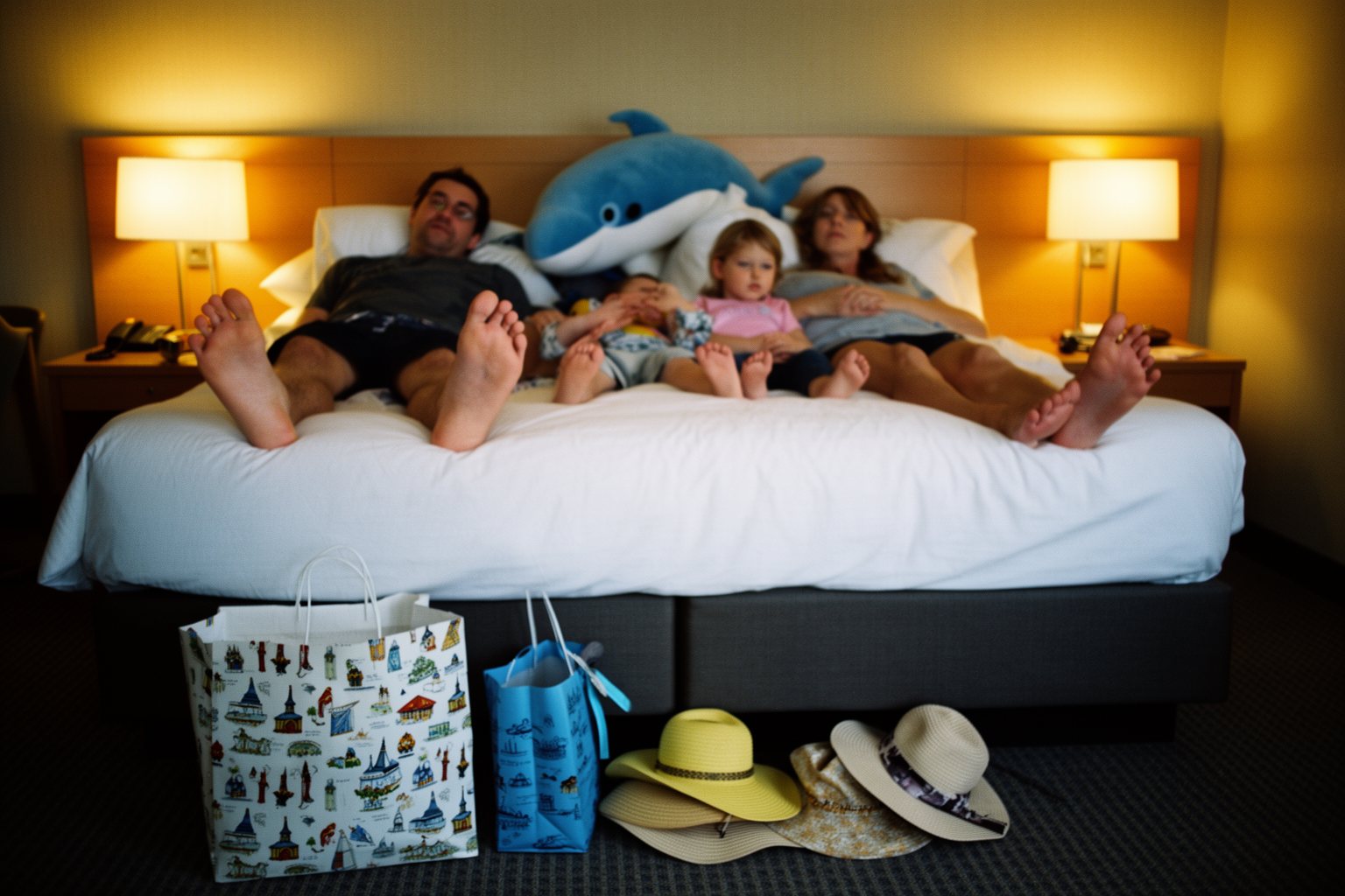 Family relaxing in a hotel room after a day at SeaWorld Orlando