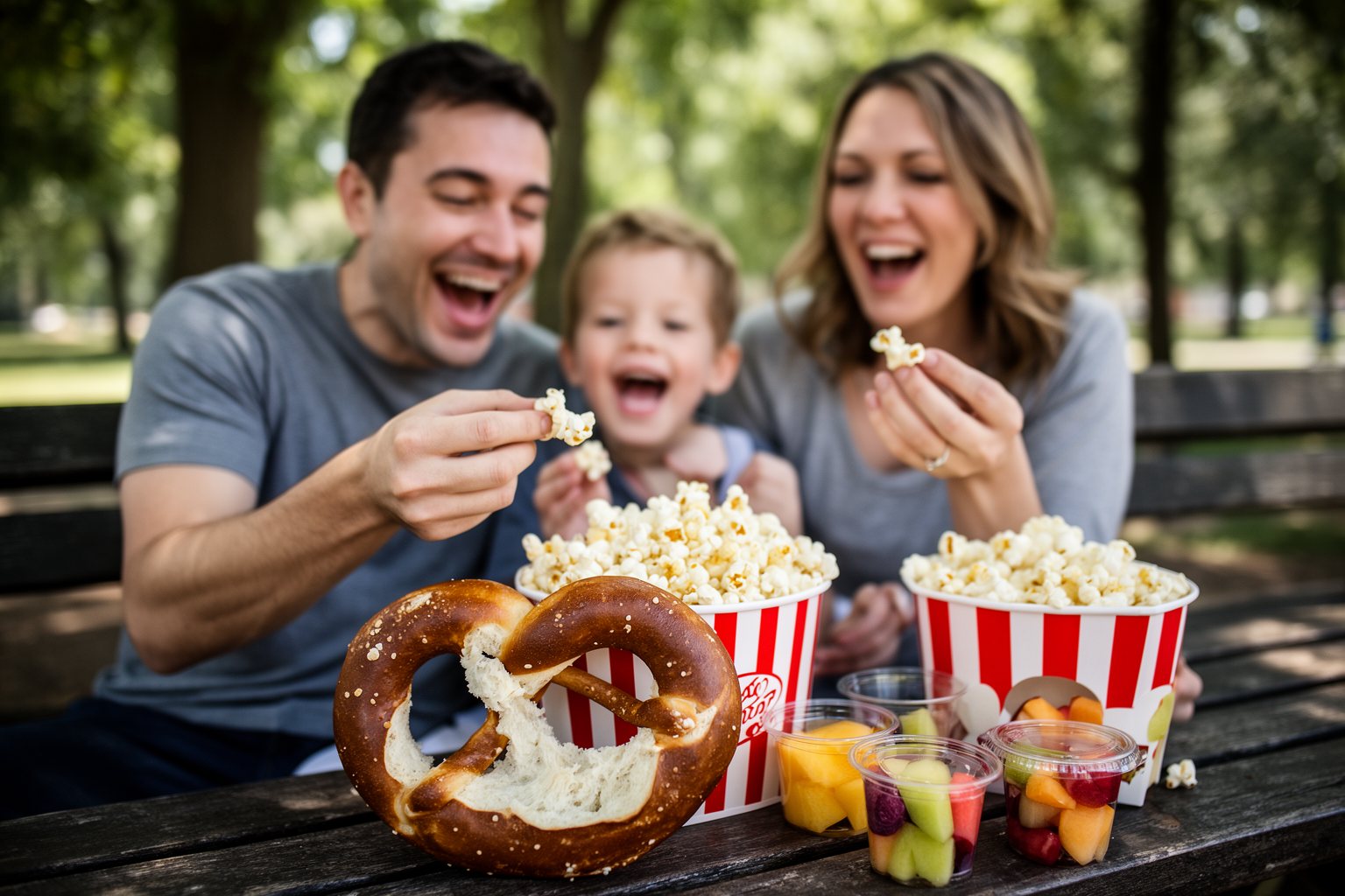 Budget-Friendly Eats at Disney World: A Park-by-Park Guide Family sharing a pretzel and popcorn on a shaded bench at Disney World