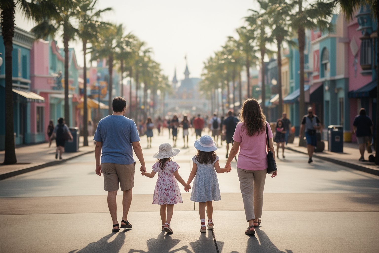 Legoland Florida vs Disney World vs Universal Studios Family walking hand in hand down a sunny, palm-lined theme park promenade in Orlando