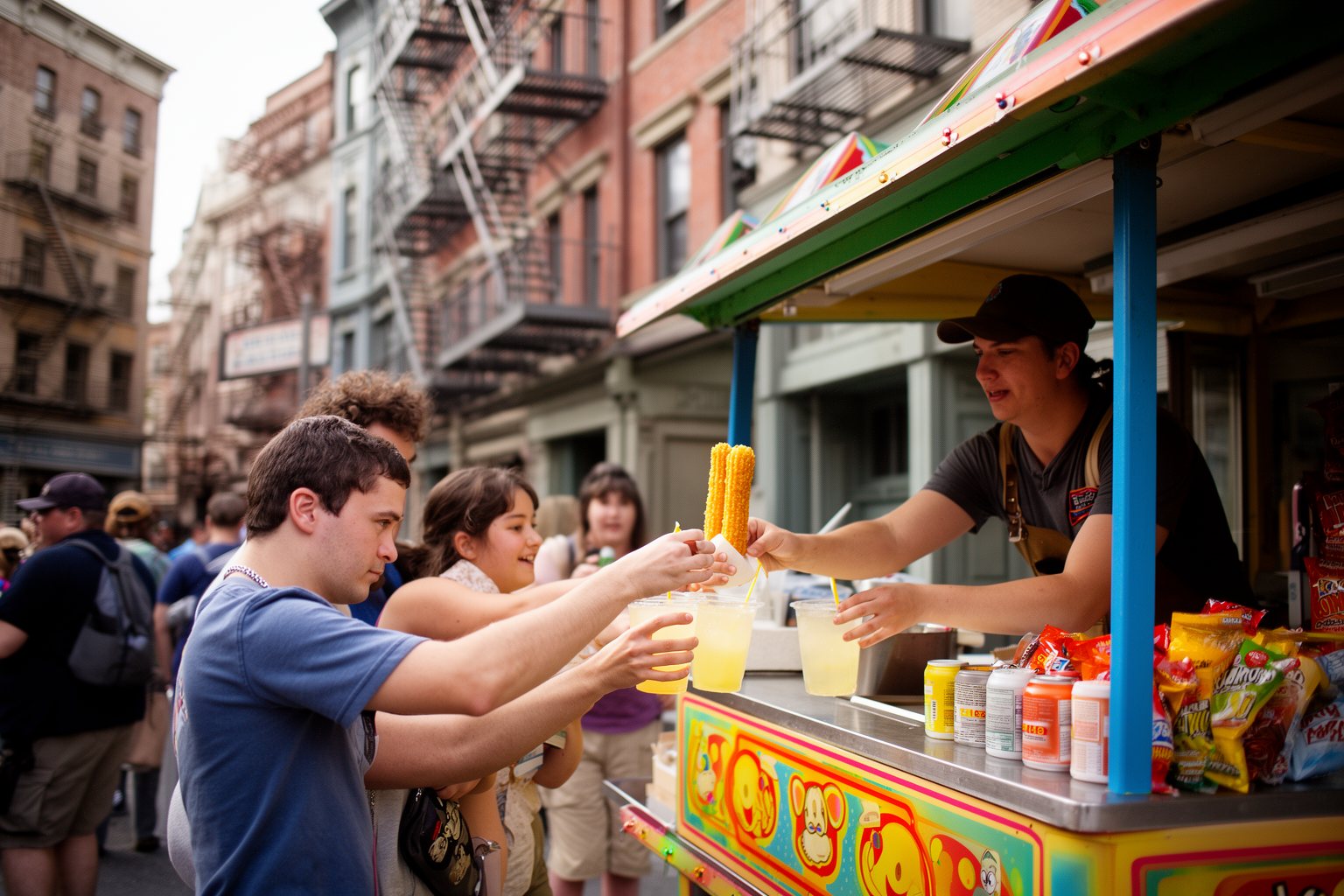 10 Must-Try Restaurants at Universal Studios Florida: Your Ultimate Guide Visitors buying snacks from a food cart on a movie-set street at Universal Studios Florida