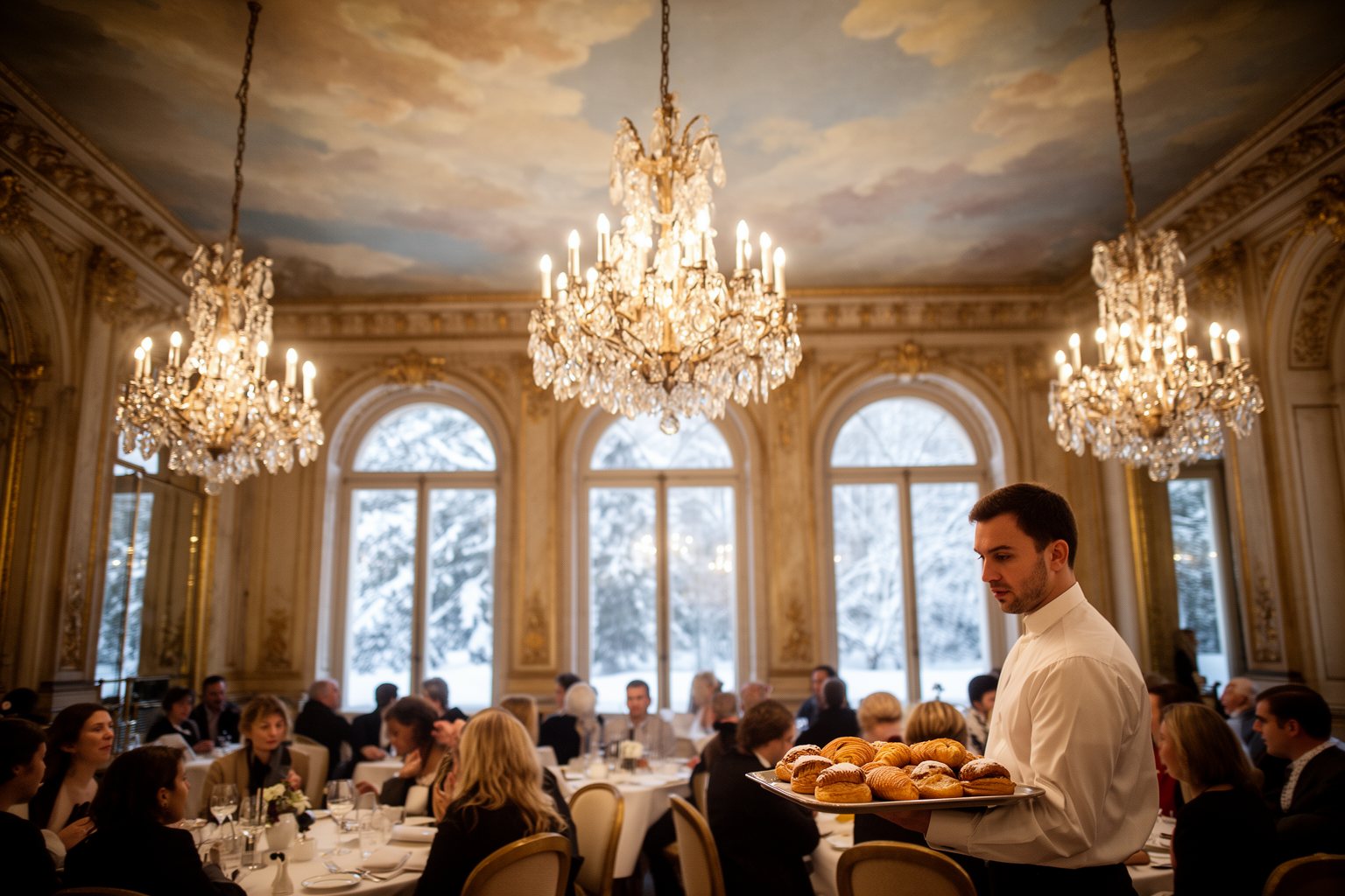 Opulent French ballroom dining room with chandeliers at Be Our Guest Restaurant
