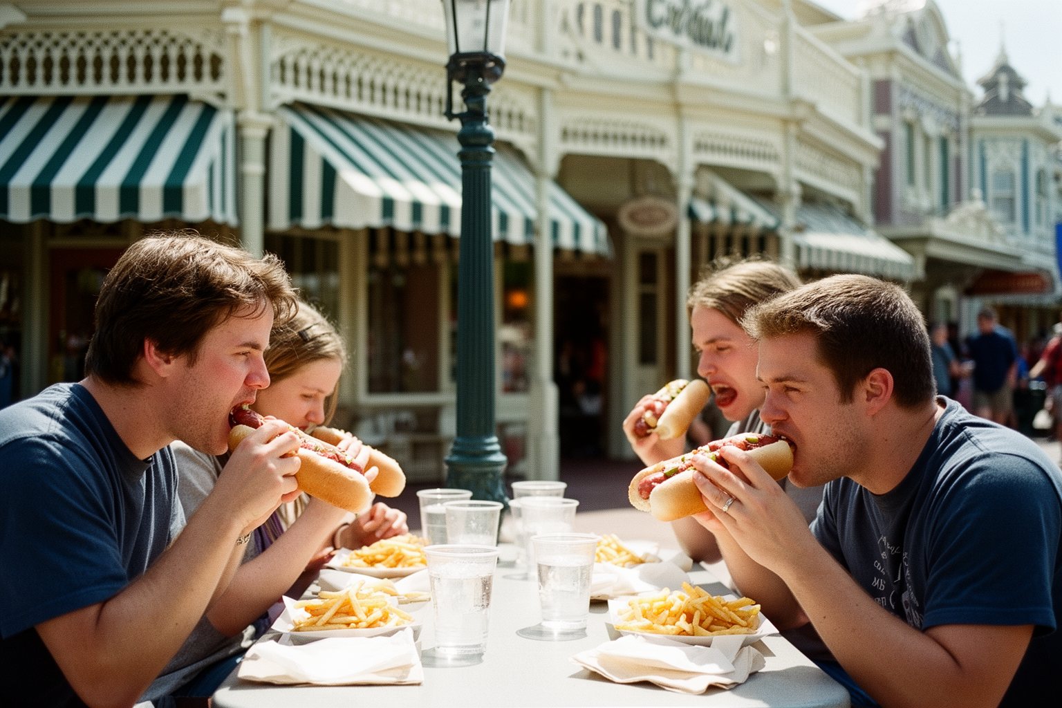 Budget-Friendly Eats at Disney World: A Park-by-Park Guide Friends eating hot dogs and fries on a Victorian-style street at Magic Kingdom