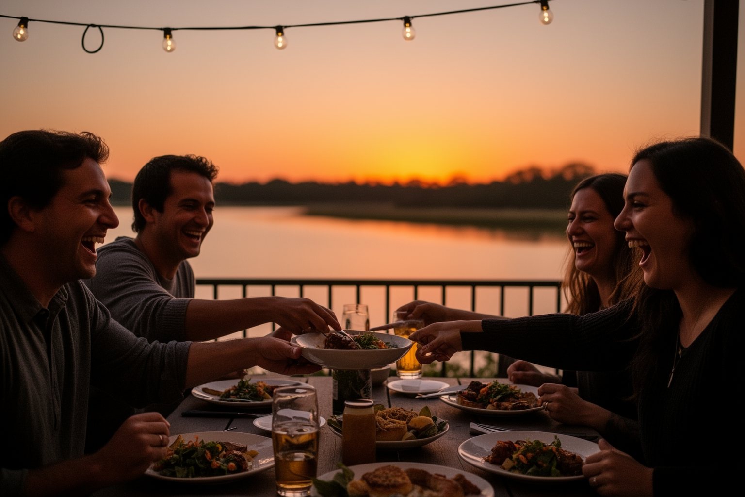 Sea World Orlando Restaurants: 10 Spots Worth Finding Friends sharing a meal on a lagoon-view patio at SeaWorld Orlando at sunset